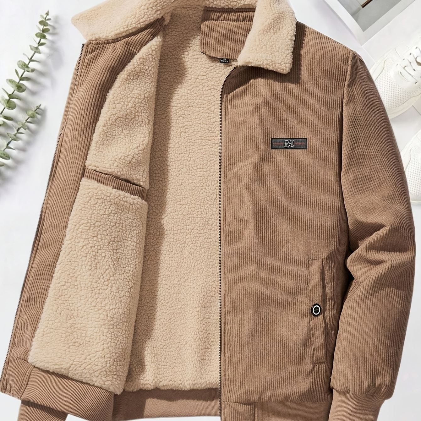 

Men' Fleece-lined Winter Jacket - Warm & Thick Gray Outdoor Coat With White Collar, Zip-, And Pockets For Casual Wear, Winter Clothes