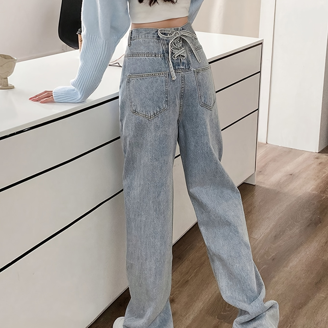 

High-waisted Wide-leg Jeans For Women, Solid Color With Tie Back Design, Casual Street Style, Washed Denim, Loose Fit, Versatile Long Trousers