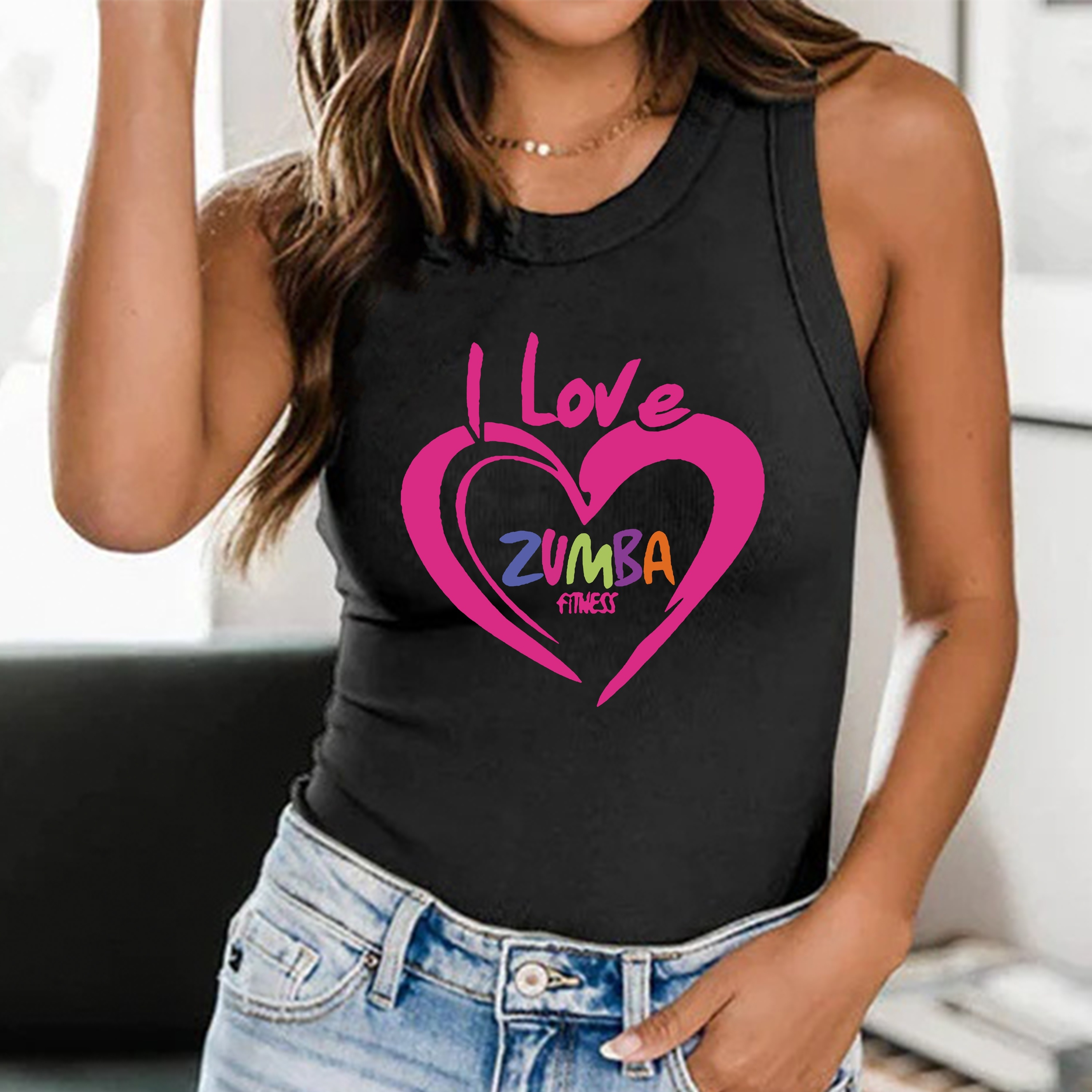 

Love Zumba Print Crew Neck Tank Top, Casual Sleeveless Top For Summer & Spring, Women's Clothing