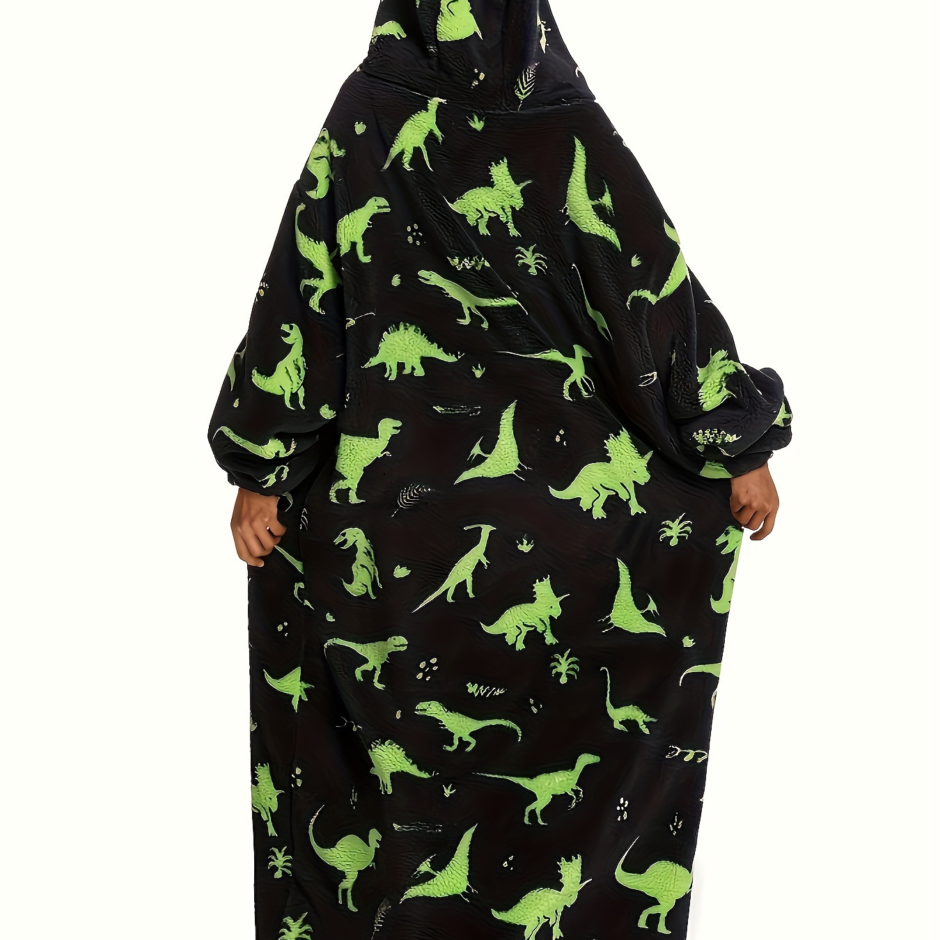 

Men' Hooded Long Robe With Dual-color Dinosaur Print, Warm Sleepwear For Autumn And Winter, Loose Fit Oversized Sweatshirt With Pockets