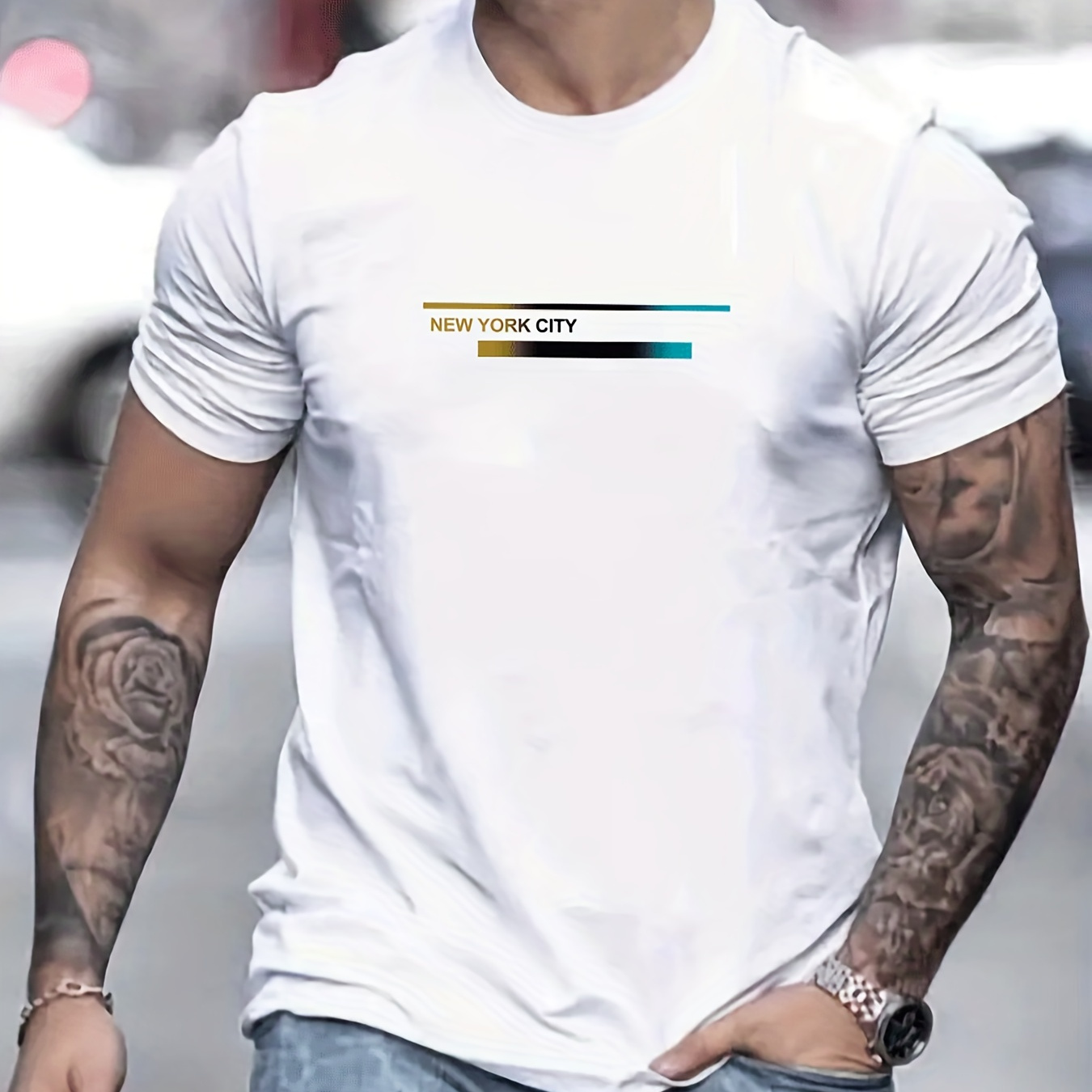 

new York City" Print T-shirt, Men's Casual Street Style Stretch Round Neck Tee Shirt For Summer