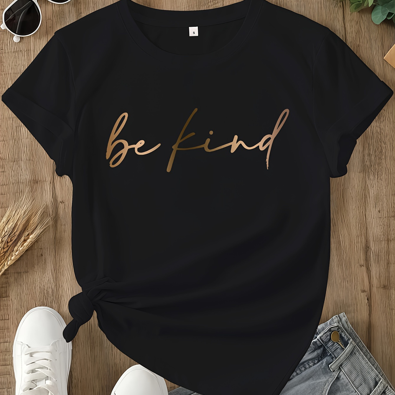 

Be Kind Print T-shirt, Short Sleeve Crew Neck Casual Top For Summer & Spring, Women's Clothing