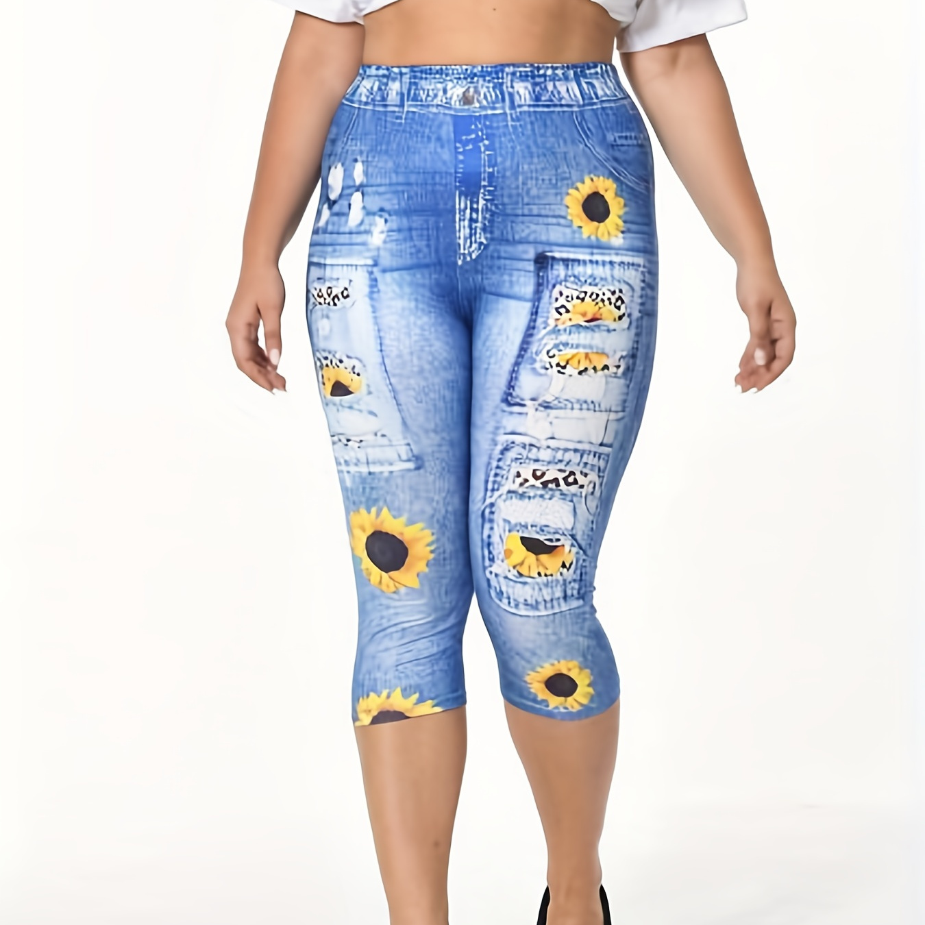 

Plus Size Casual Leggings, Women's Plus Sunflower & Denim Print High Rise Stretchy Capri Leggings
