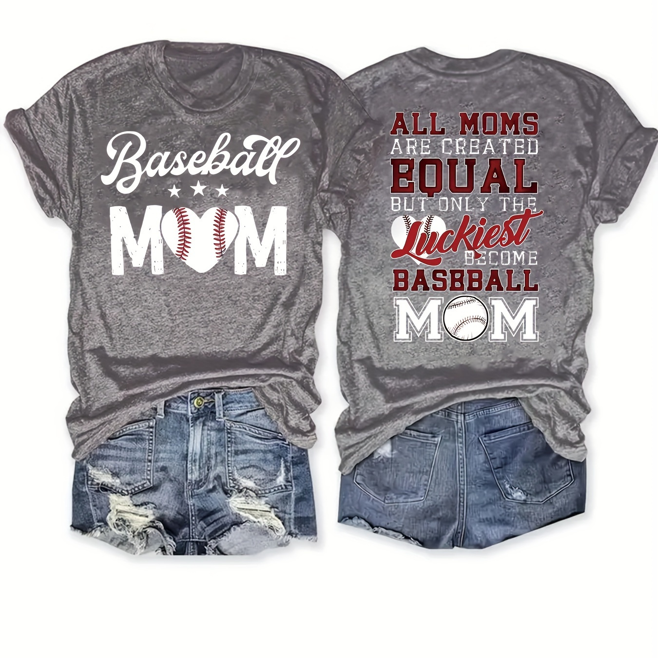 

Baseball Mom Neck T-shirt, Short Sleeve Casual Top For Summer & Spring, Women's Clothing