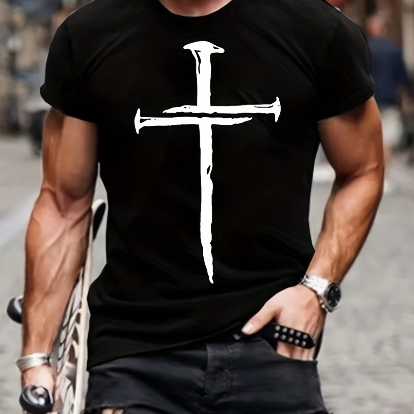 Cross Print, Men's T-shirt, Casual Comfy Thin Tees For Spring Summer, Mens Clothing