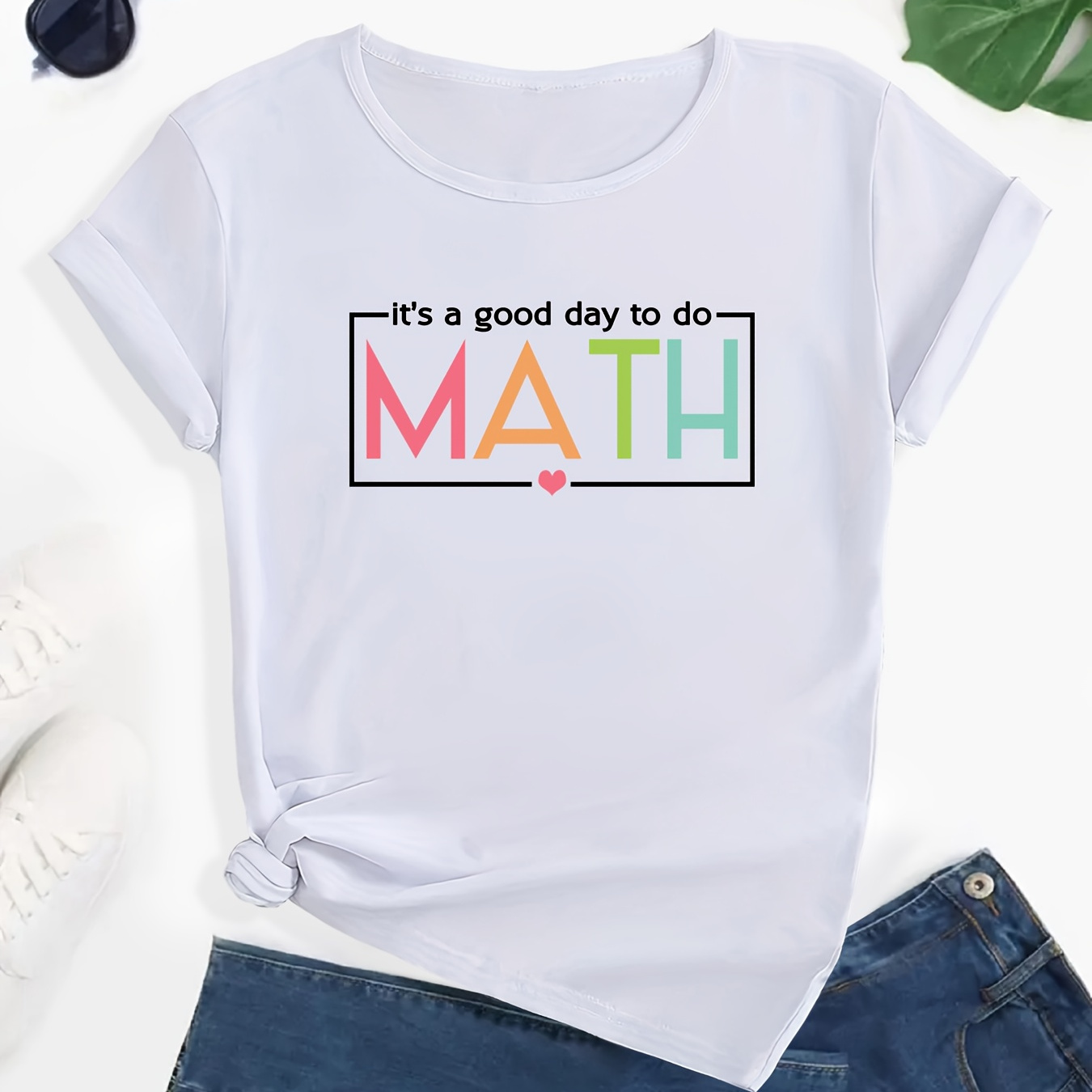 

Math Letter Print Casual Sports T-shirt, Crew Neck Short Sleeve Summer Comfortable Breathable Tops, Women's Clothing