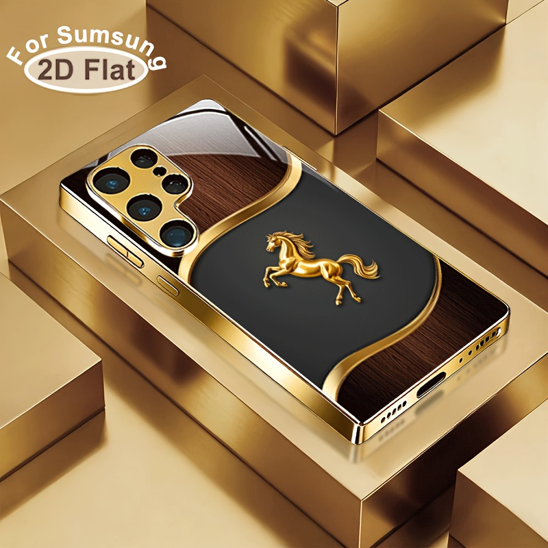 TEMU para teléfono: Estilo de negocios 2D con caballo galopante electrochapado en oro y dorado, compatible con for S26/S26 Plus/S26
