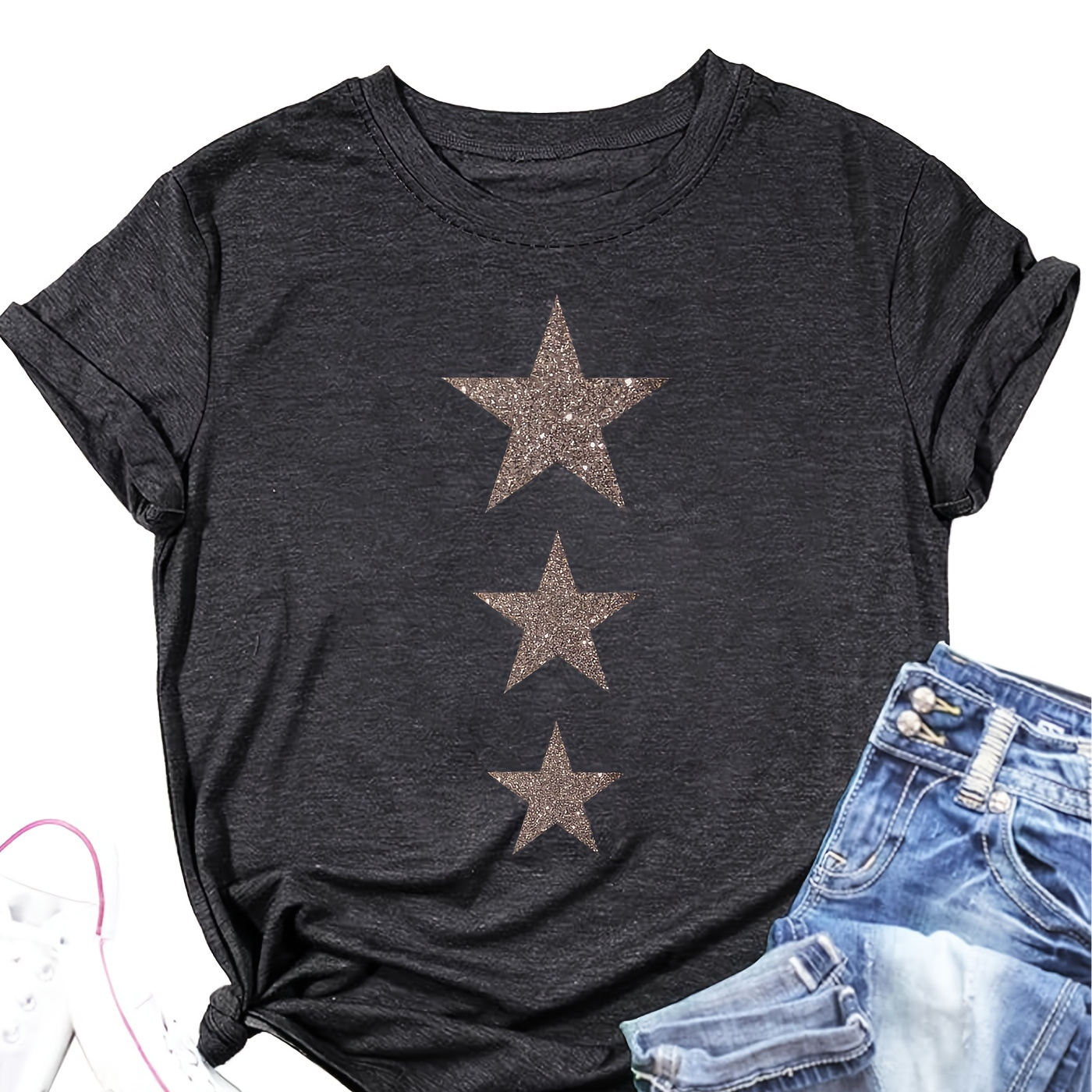 

1pc Women's Casual Crew Neck T-shirt With Geometric Star Pattern, Rayon/viscose , Stretch, Knit Fabric Top For Valentine's Day And Back To School