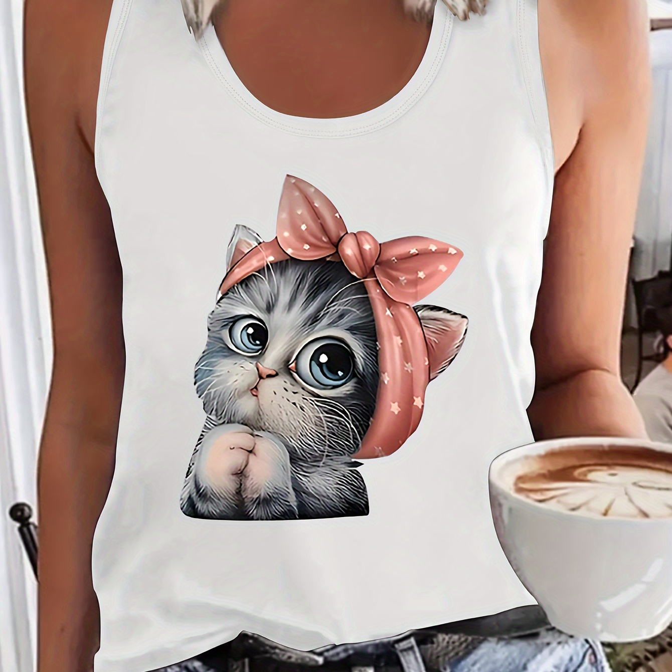 

Cat Print Tank Top, Sleeveless Crew Neck Casual Top For Summer & Spring, Women's Clothing