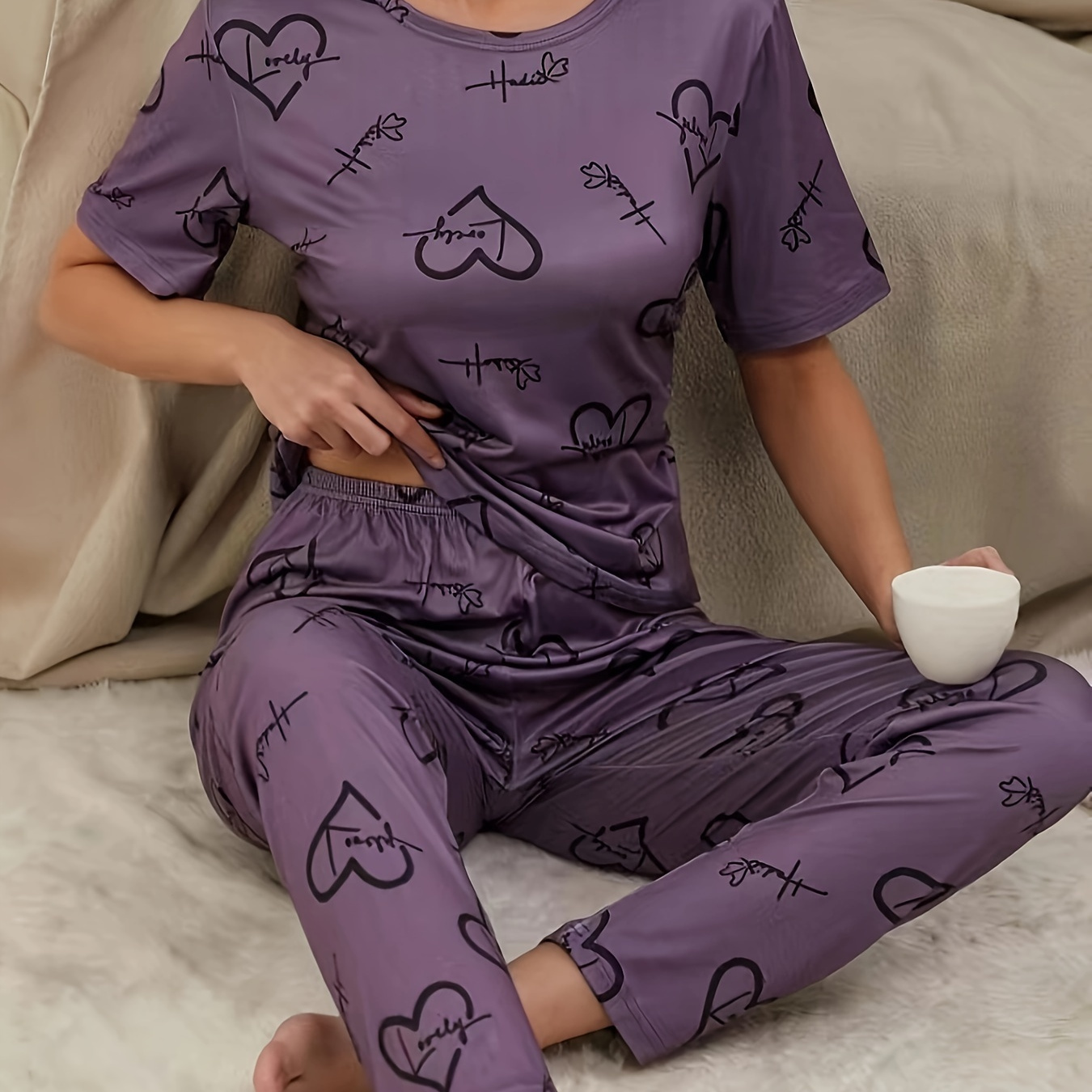 

& Letter Pajama Set, Short Sleeve Round Neck Top & Pants, Comfortable Relaxed Fit