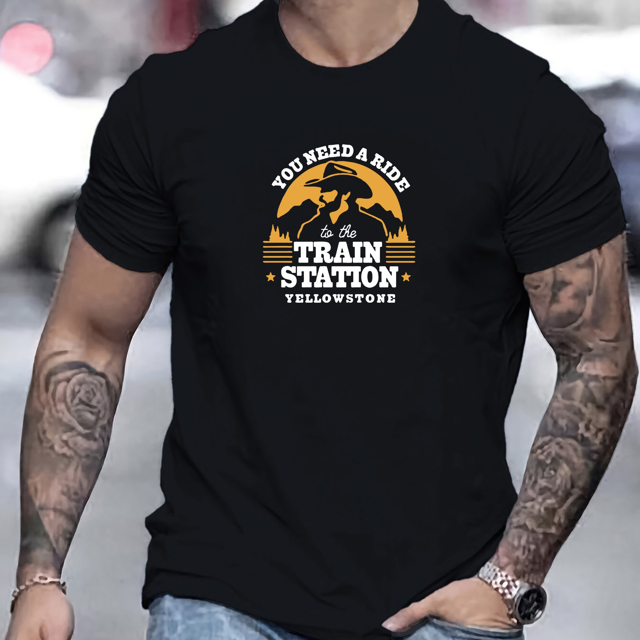 

Train Station Print Crew Neck T-shirt For Men, Casual Short Sleeve Top, Men's Clothing