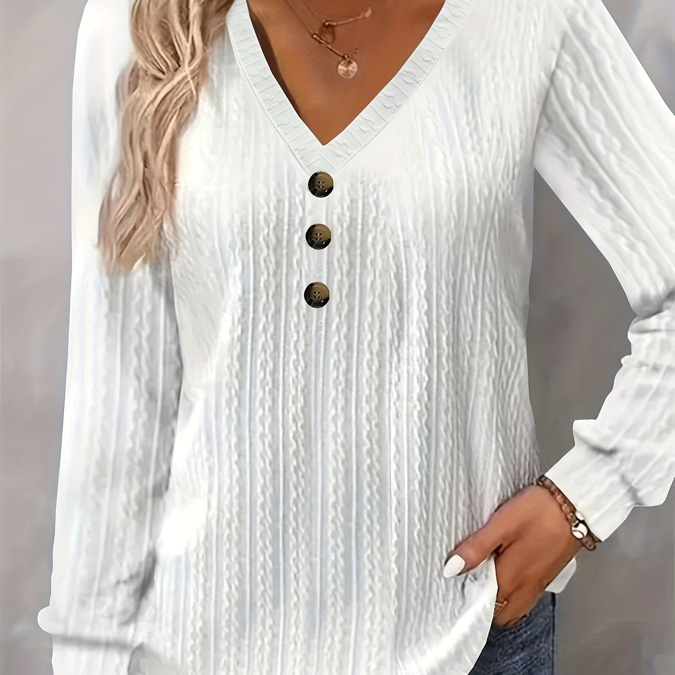 

Plus Size Button Front Textured V Neck T-shirt, Casual Long Sleeve Top For Spring & Fall, Women's Plus Size Clothing