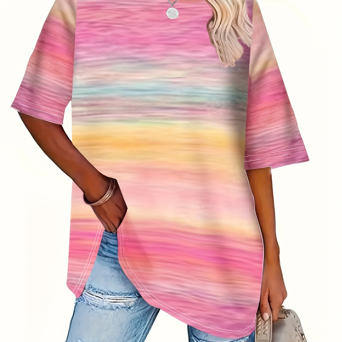 

Plus Size Ombre Colorblock Top, Casual Crew Neck Short Sleeve Top, Women's Plus Size clothing