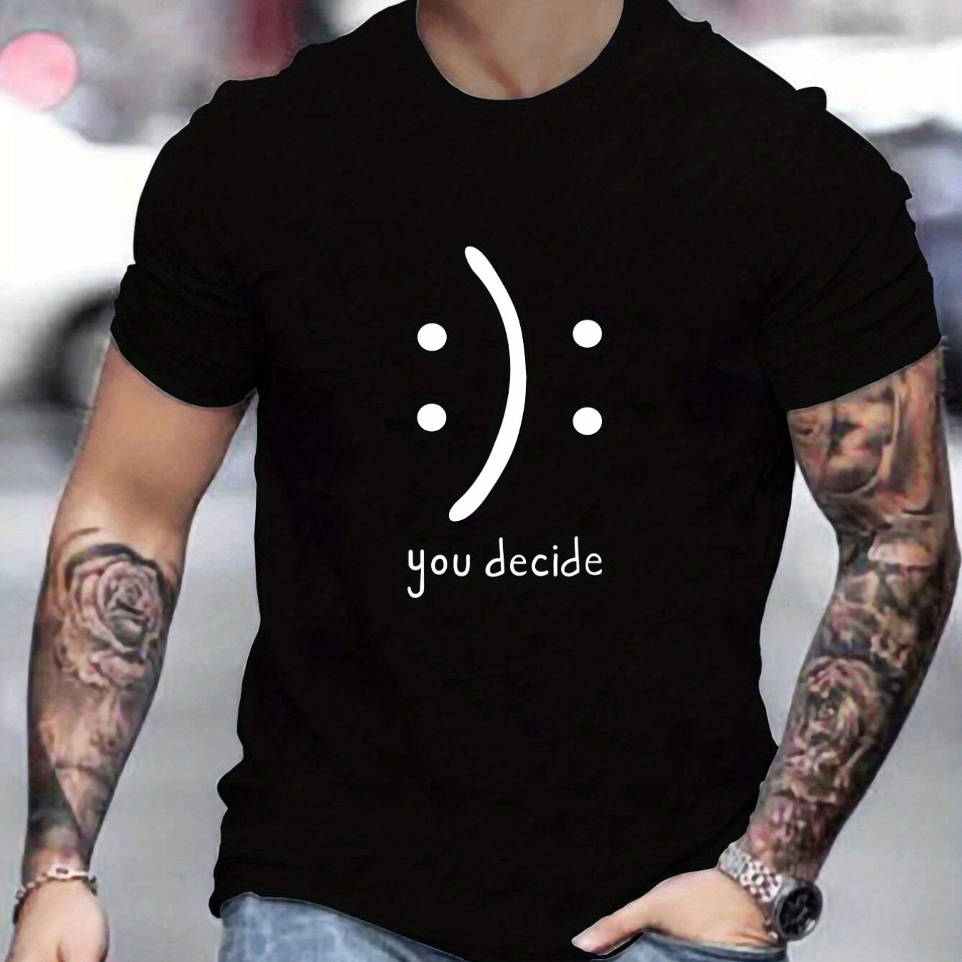 

"smile Or Sad Face, You Decide", Men's Casual Slightly Stretch Crew Neck Graphic Tee, Male Clothes For Summer