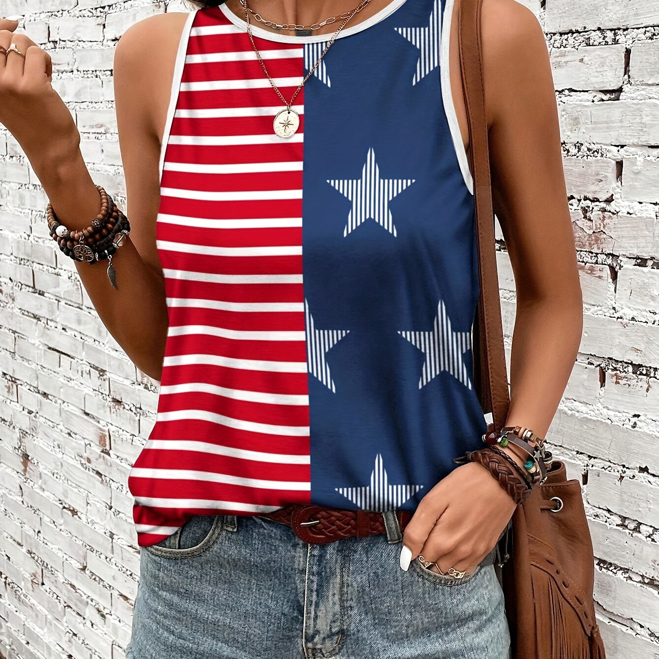 

Flag Print Crew Neck Tank Top, Casual Contrast Trim Sleeveless Tank Top For Spring & Summer, Women's Clothing