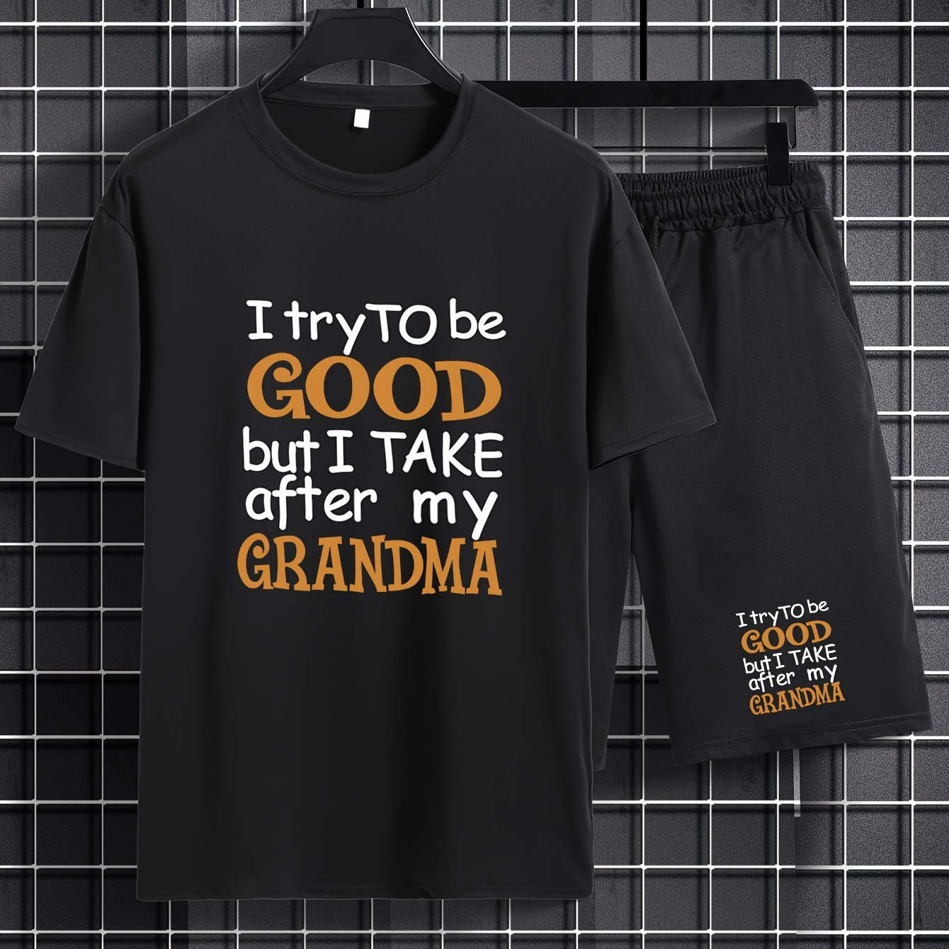 

''i Try To Be Good'' Print, Mens 2 Piece Outfits, Comfy Short Sleeve T-shirt And Casual Drawstring Shorts Set For Summer, Men's Clothing