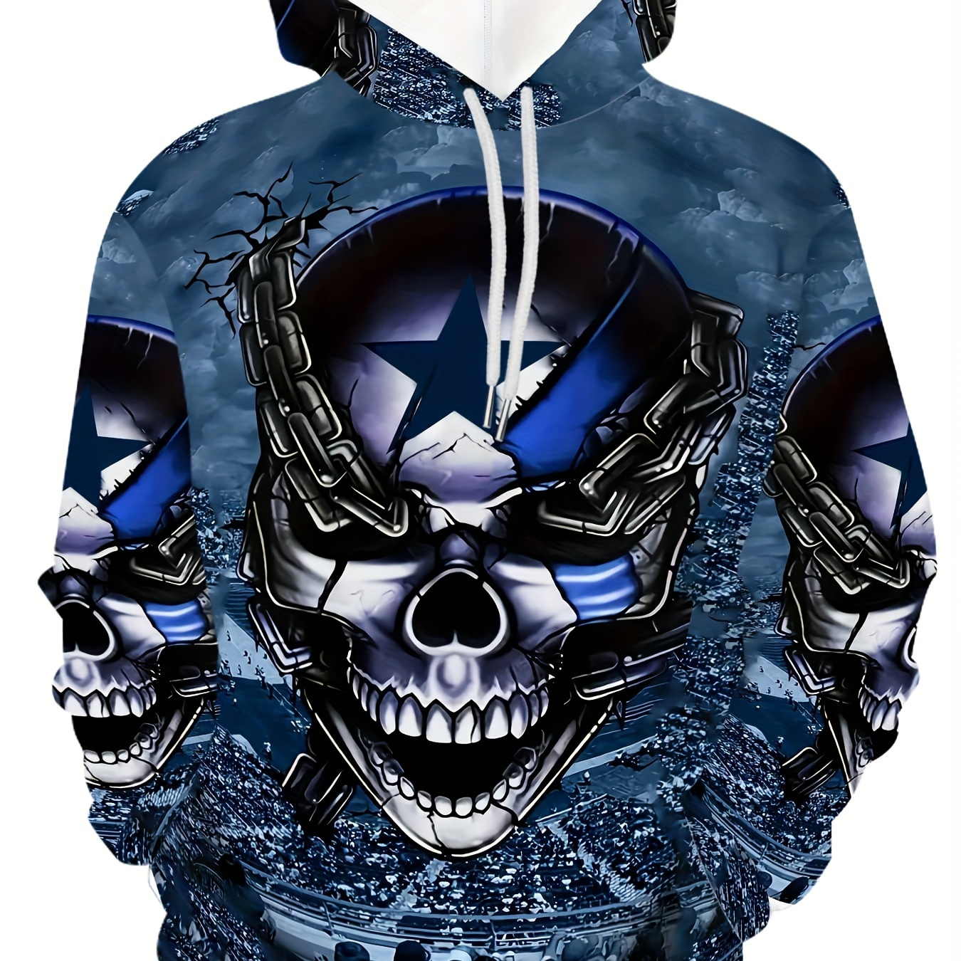 

Men's Casual Pullover Hoodie With 3d Print Skull Pattern, Polyester Material, Fleece-lined, Autumn And Winter Outdoor Wear