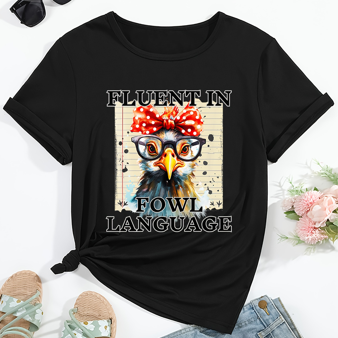 

Women's "fluent In Fowl Language" Glasses Chicken Print Casual T-shirt, Round Neck, Short Sleeved, Humorous Graphic Tee