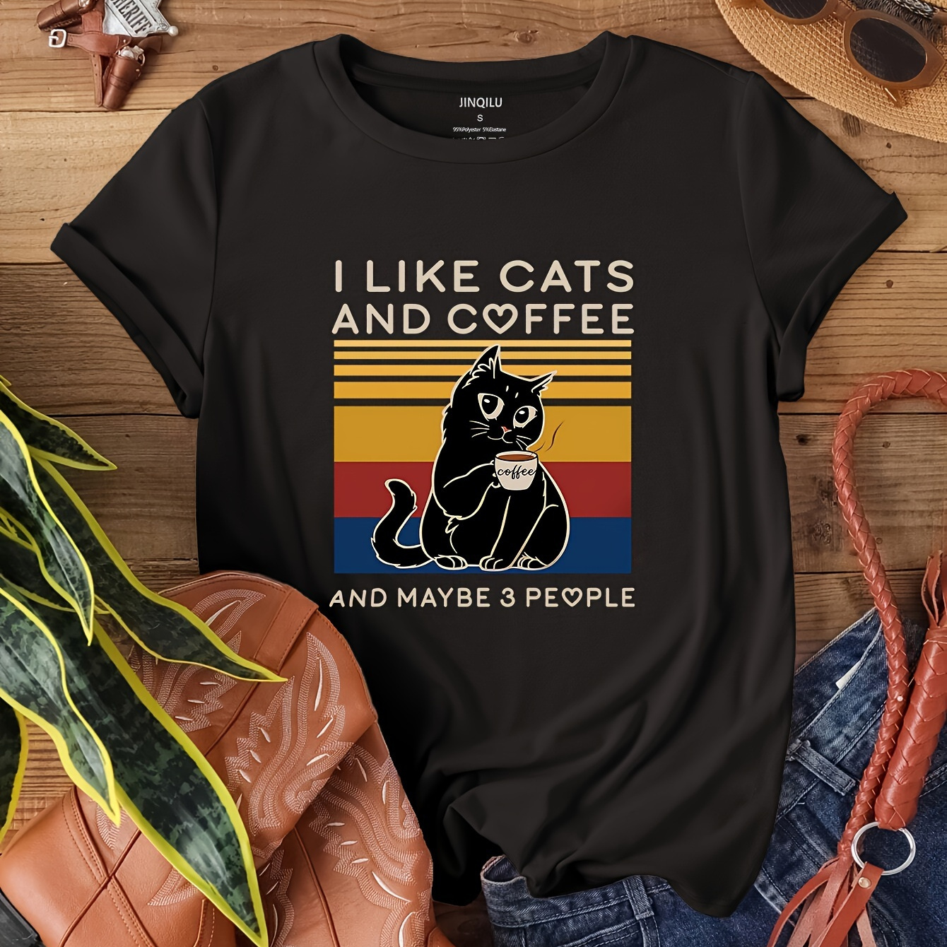 

Cat & Coffee Print T-shirt, Casual Short Sleeve Crew Neck Top For Spring & Summer, Women's Clothing