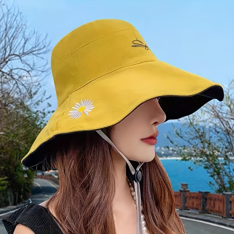 Daisy Embroidery Reversible Bucket Hat Solid Color Summer - Temu