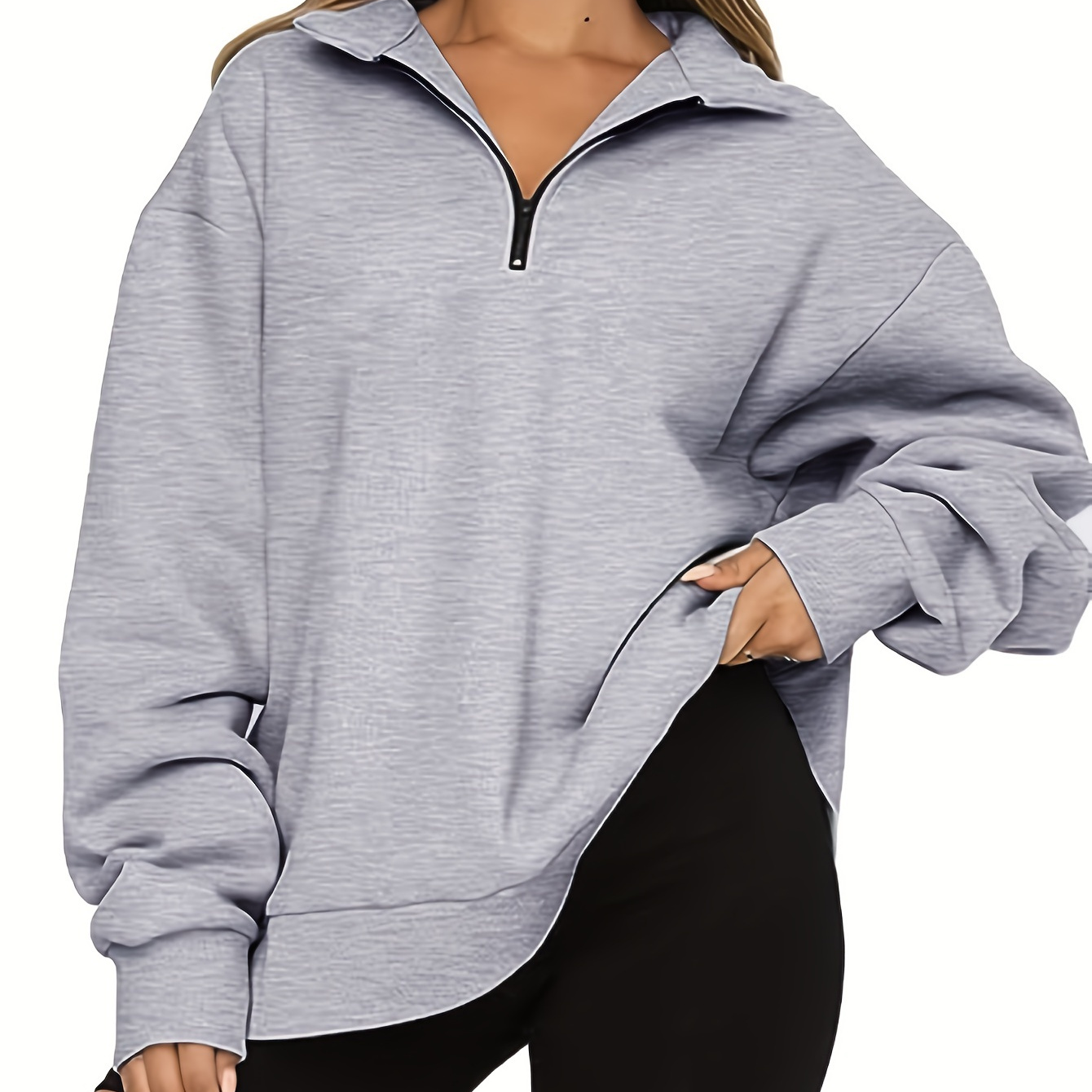 Solid Quarter Zip Sweatshirt, Casual Long Sleeve Crew Neck Sweatshirt For Fall & Winter, Women's Clothing