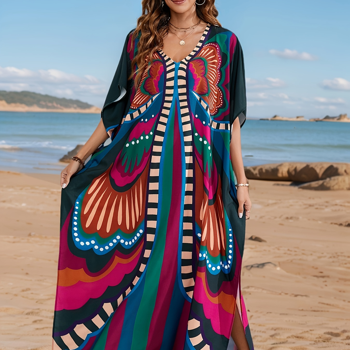 

Size Hoodie Dress With Geometric Print, Batwing Sleeves & V-neck - Celebrations