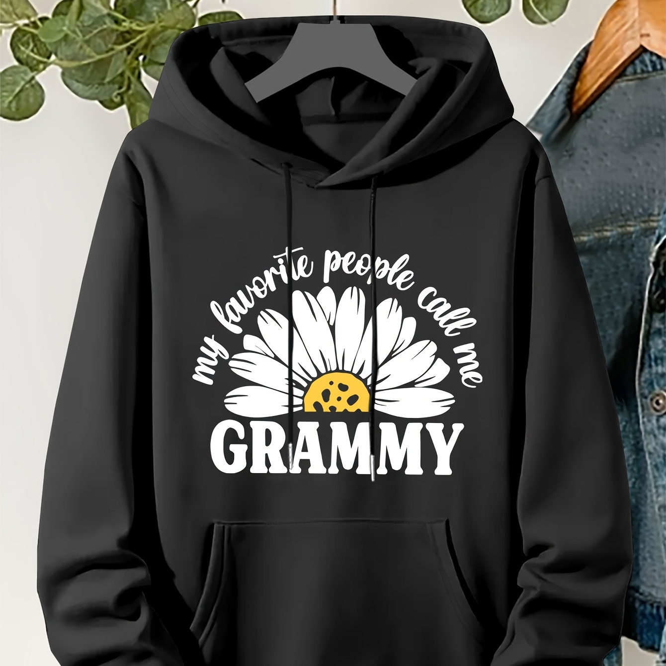 

Plus Size Grammy Print Kangaroo Pocket Hoodie, Casual Long Sleeve Drawstring Hoodies Sweatshirt, Women's Plus Size Clothing