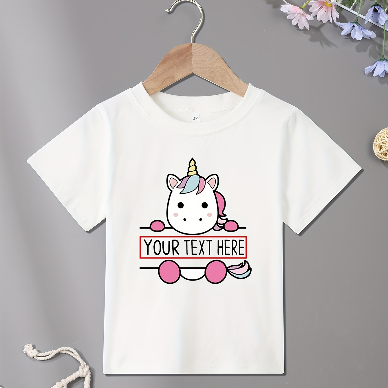 

Girls Customized Cotton T-shirt, Cartoon Unicorn & Name Customized Letter Print Comfortable Round Neck Top For Summer