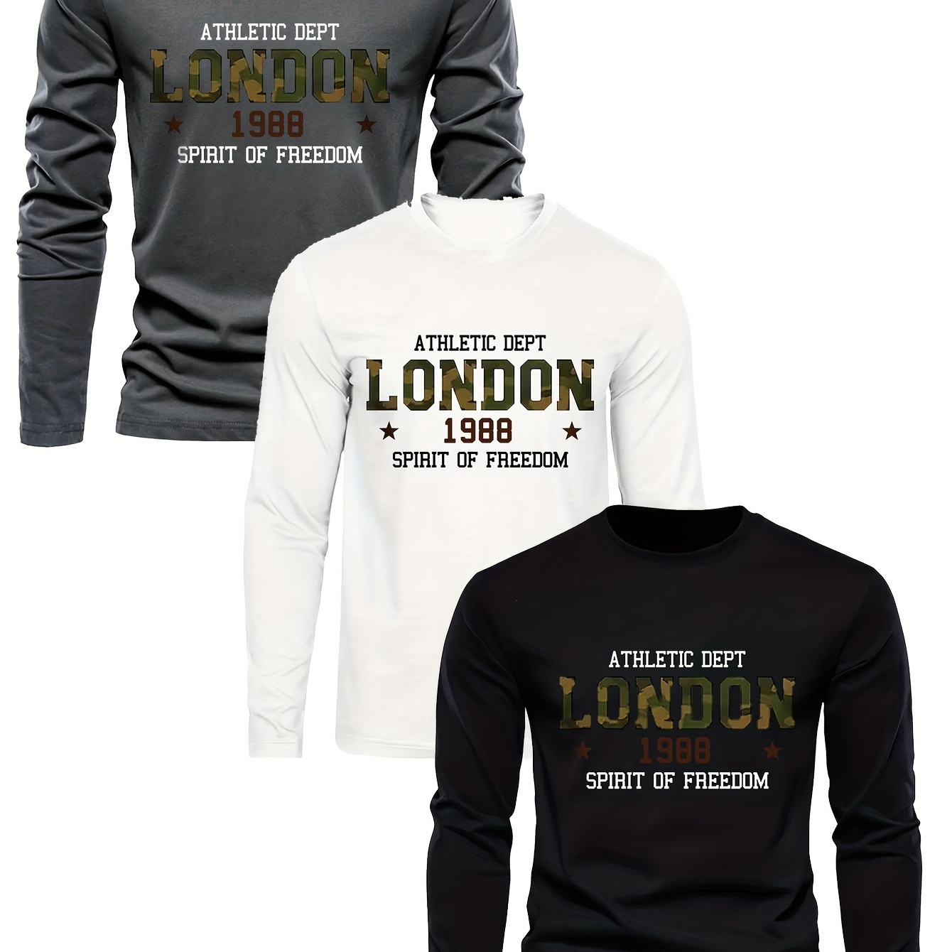 

3pcs . London Men's Long Sleeve T-shirts - Casual Crew Neck, Breathable Polyester , Machine Washable, In Gray, Black, Navy With " London" Print