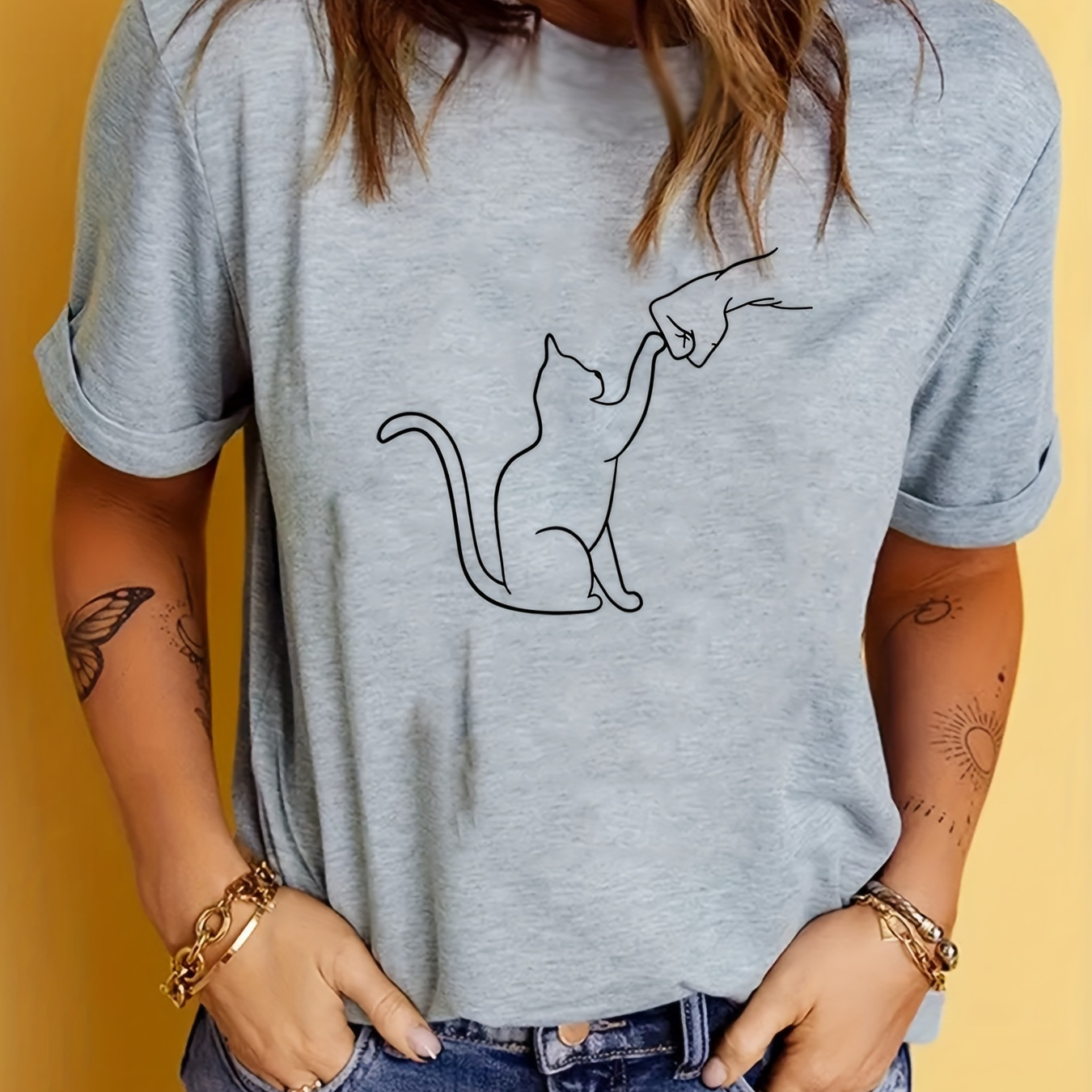 

T-shirt Imprimé Chat Mignon, Haut Décontracté À Manches Courtes Et Col Rond Pour Et L'été, Vêtements Pour Femmes