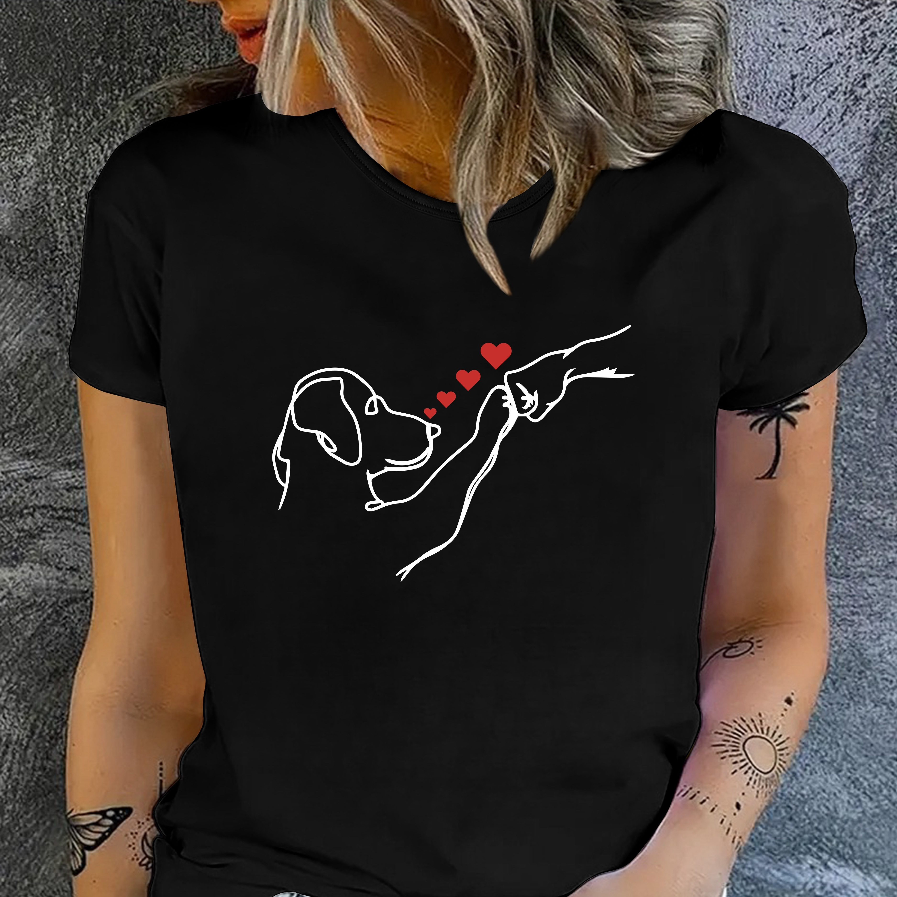 

Dog Print T-shirt, Short Sleeve Crew Neck Casual Top For Summer & Spring, Women's Clothing