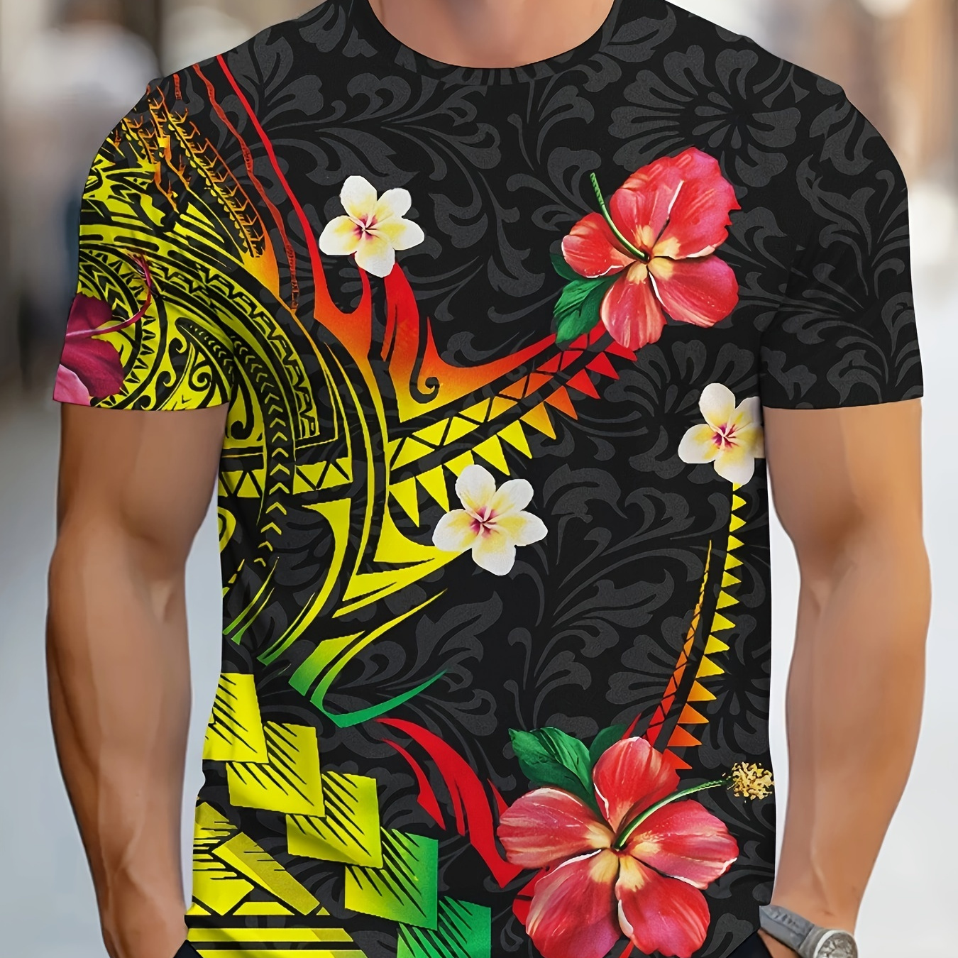 

Men's Floral Print T-shirt, Casual Short Sleeve Crew Neck Tee, Men's Clothing For Outdoor