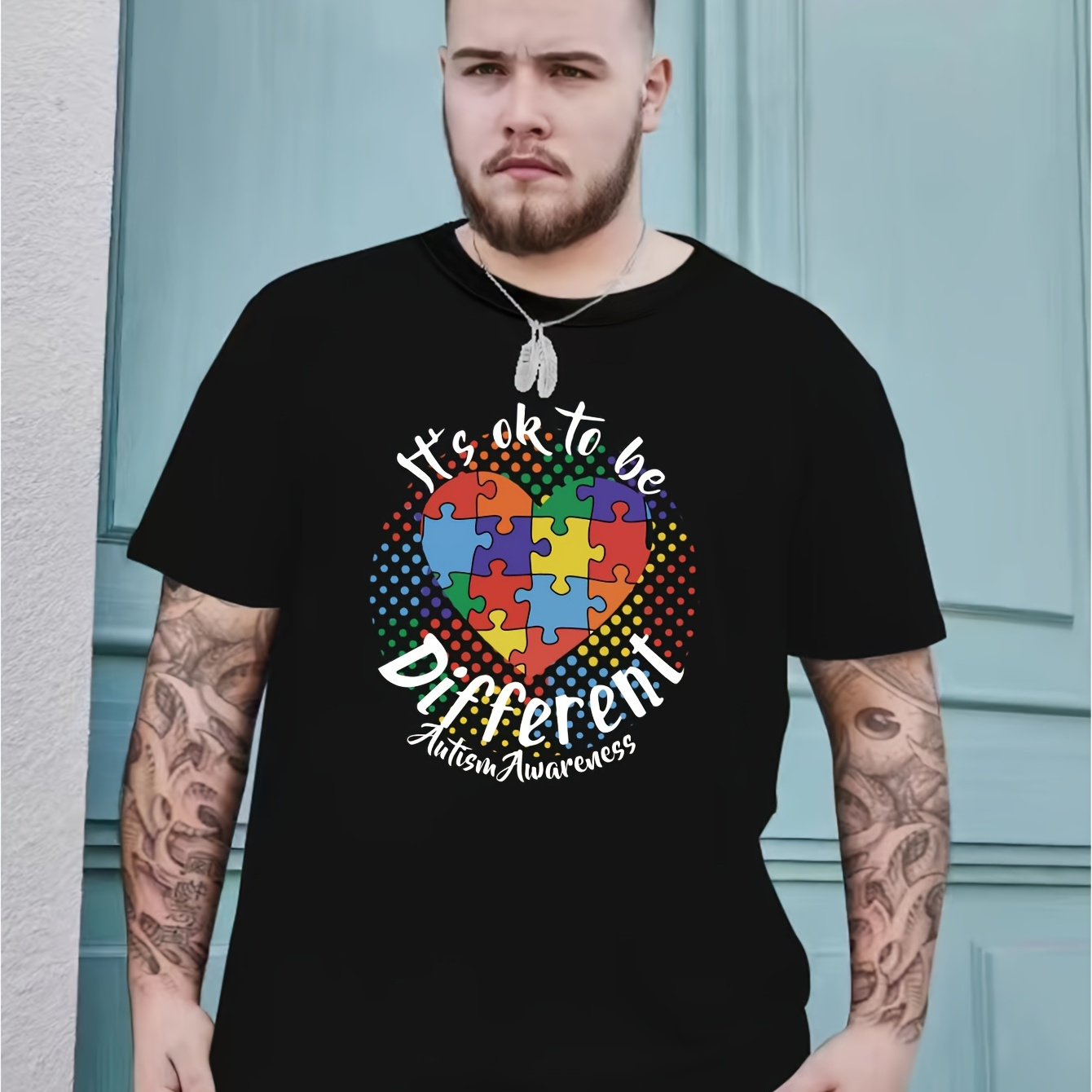

Plus Size, Puzzle Heart Print, Men's Trendy Comfy T-shirt, Casual Medium Stretch Breathable Tee For Outdoor Sports
