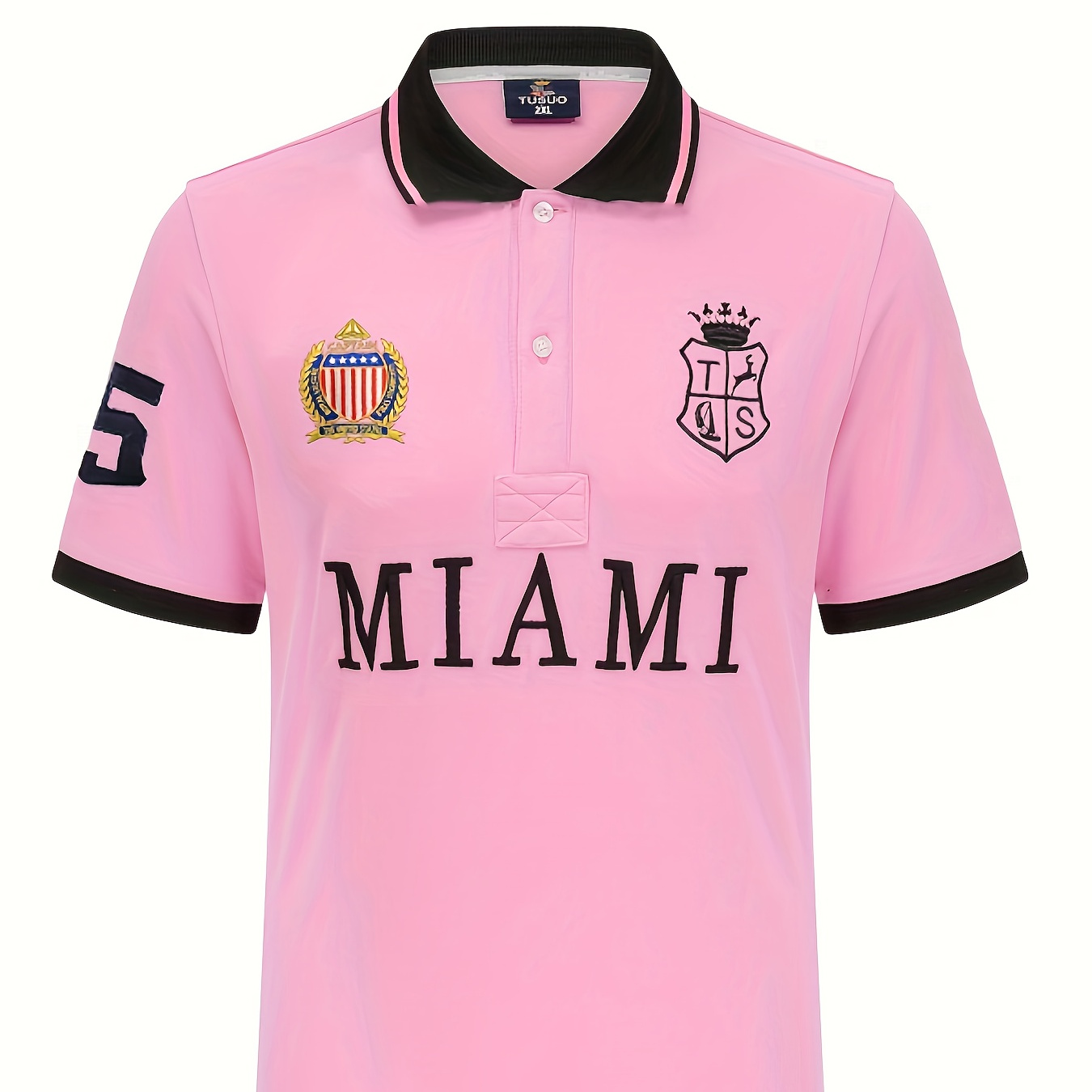

Miami Print Men's Retro Embroidery Contrast Binding Short Sleeve Lapel Shirt For Summer Golf Tennis