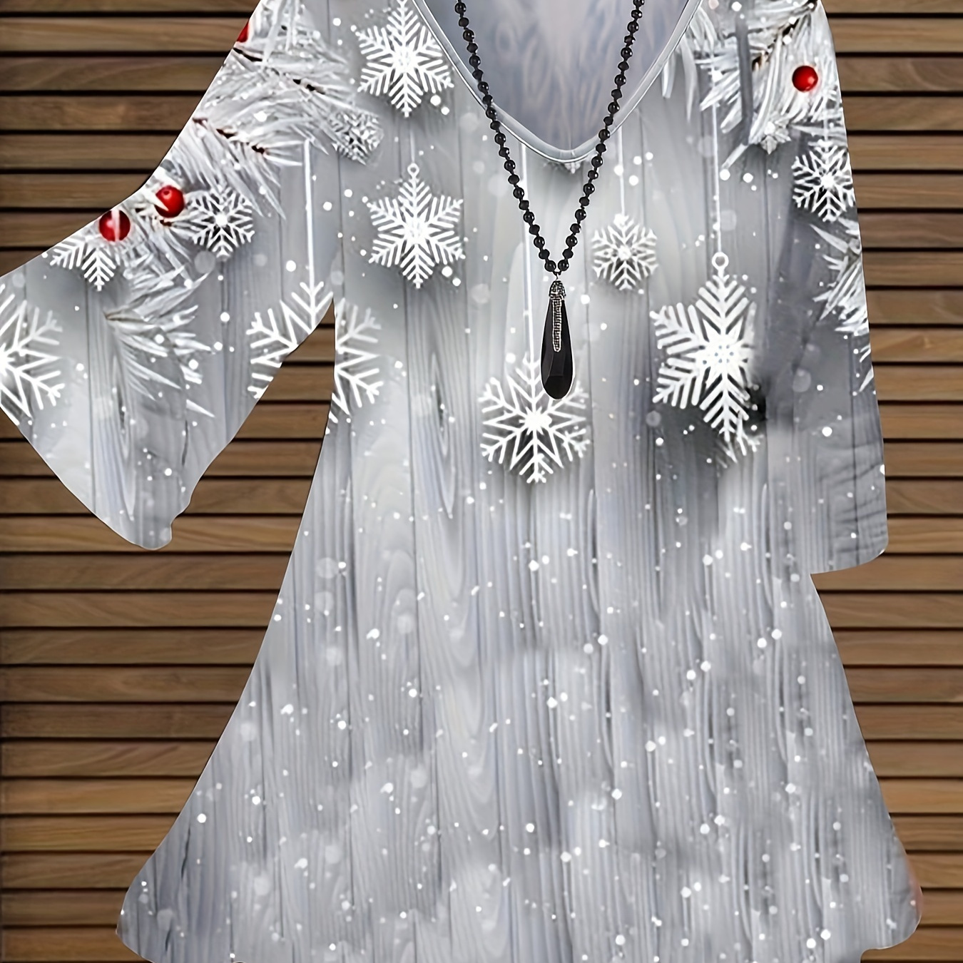 

Plus Size Christmas Casual Top, Women's Plus Snowflake Print Long Sleeve V Neck Slight Stretch Top