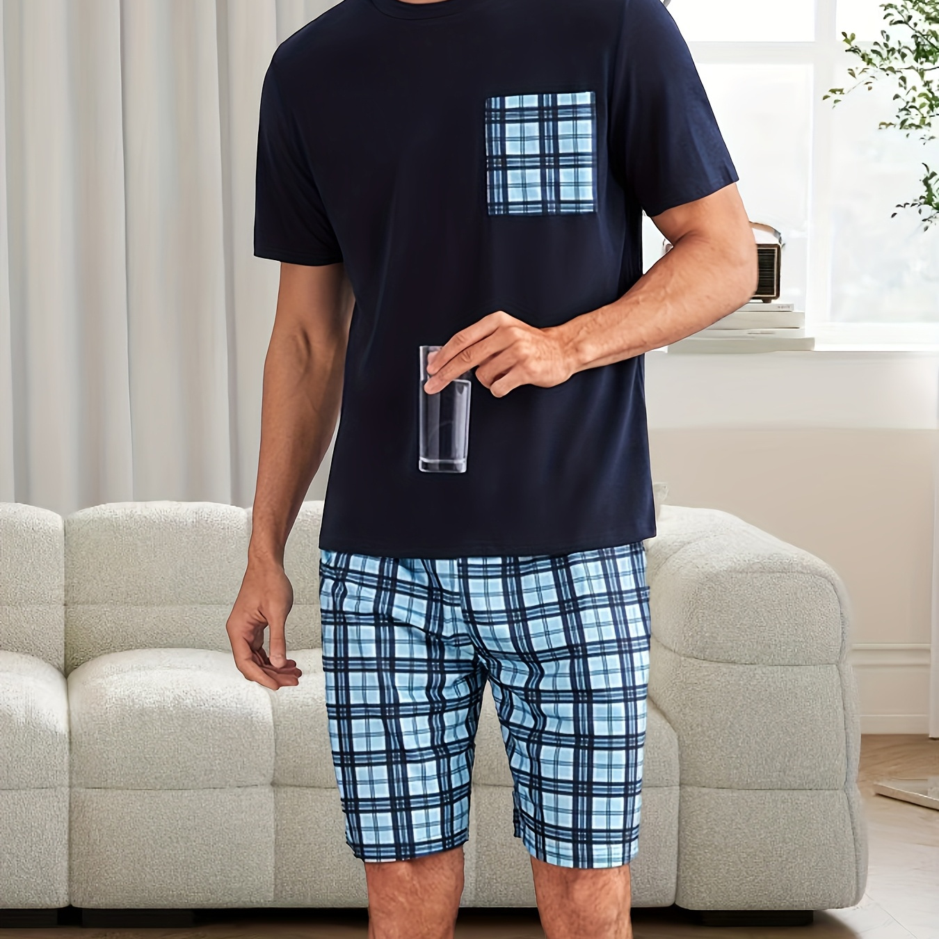 

Men's Comfortable Pajama Set - Short Sleeve & Shorts, Stretch Polyester , Machine Washable, Short Pants