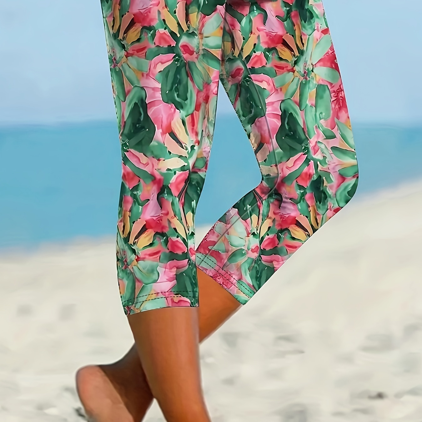 

Floral Print Skinny Leggings, Casual Elastic Waist Stretchy Leggings For Spring & Summer, Women's Clothing