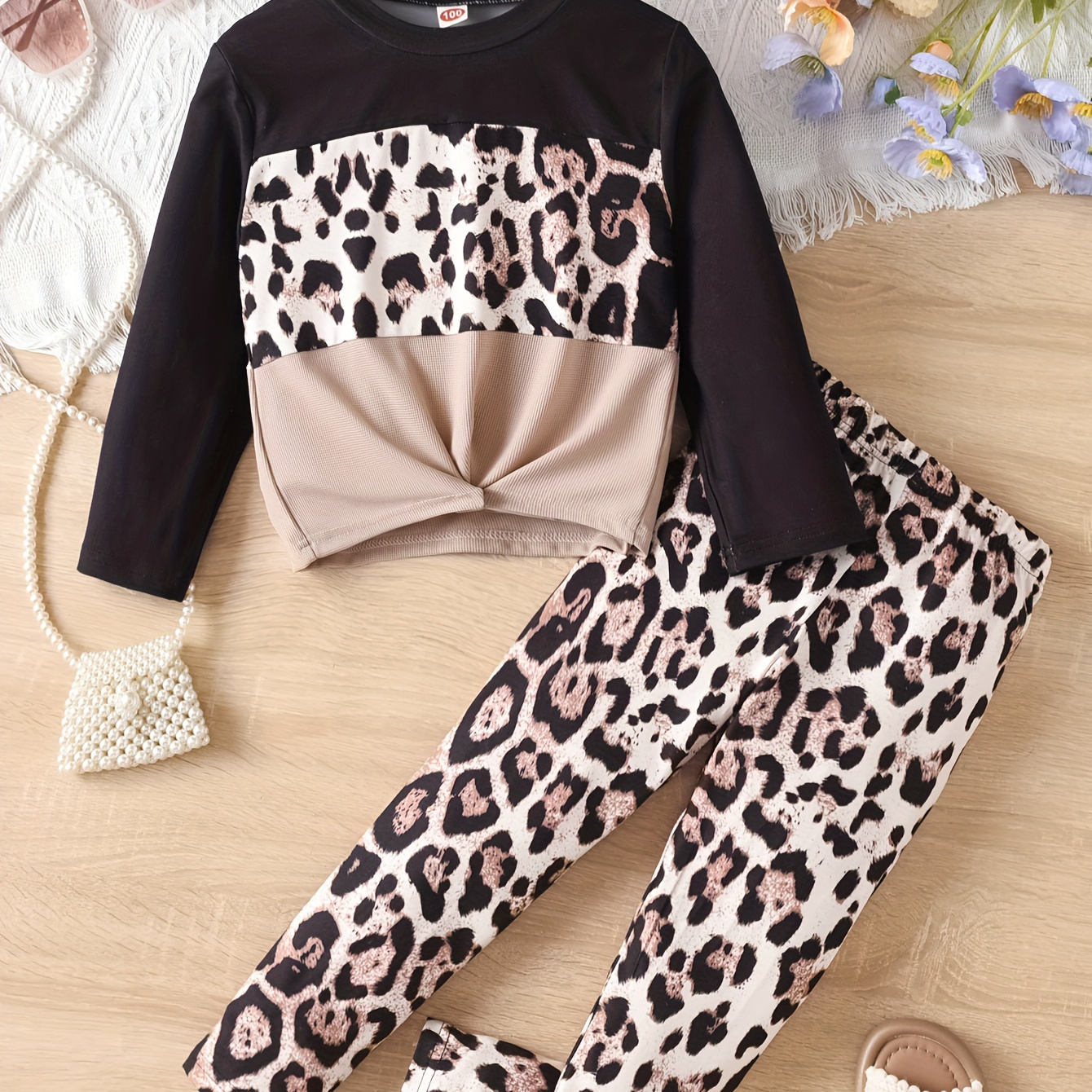 

Trendy Girl's 1 Set Leopard Color Spliced Twist Knot Tee + Pants Co-ords Set, Comfy & Fashion Girls Spring/ Fall Outfit