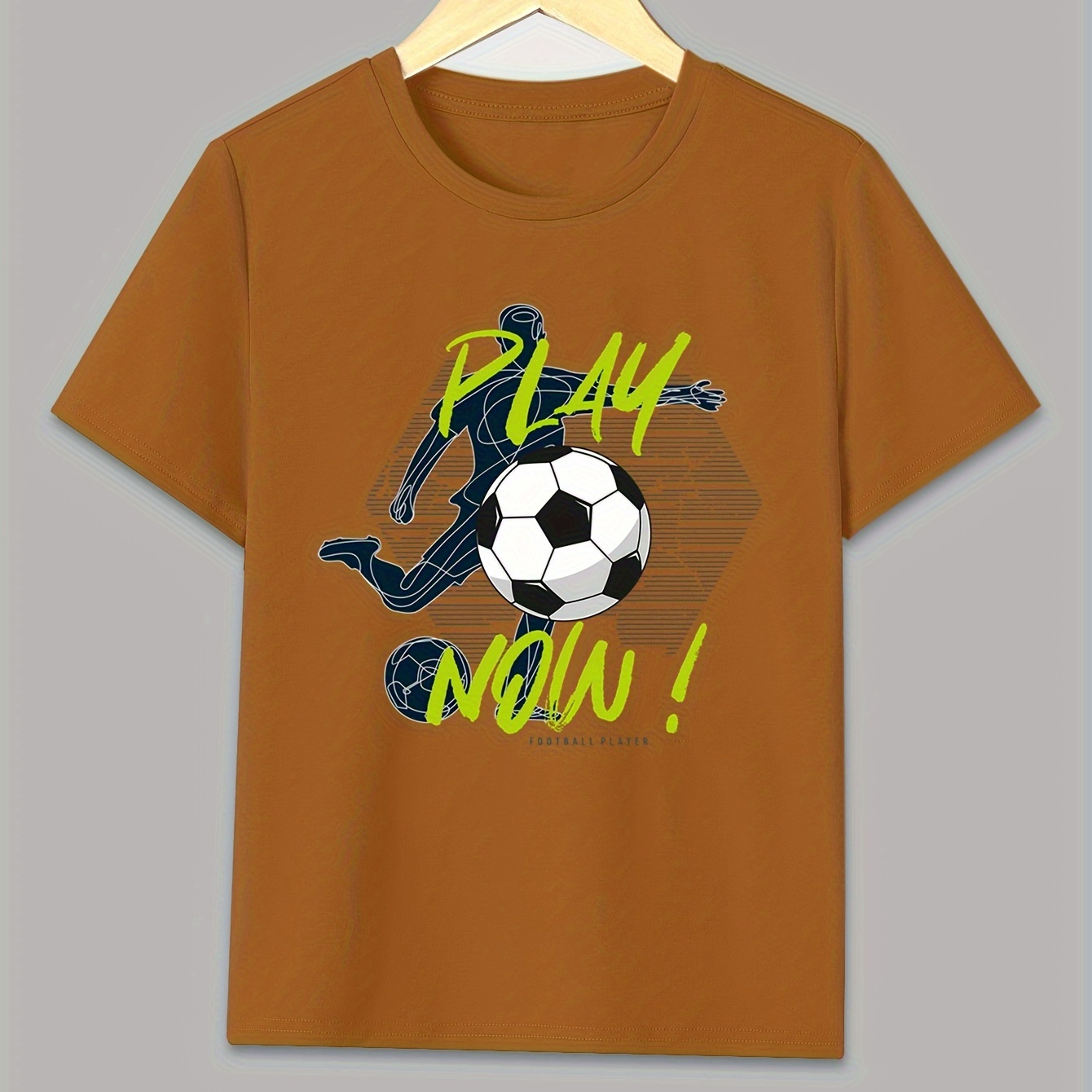 

Play Now Football Print Boys Creative T-shirt, Casual Lightweight And Comfortable Short Sleeve Top, Summer Kids Outgoing Clothes