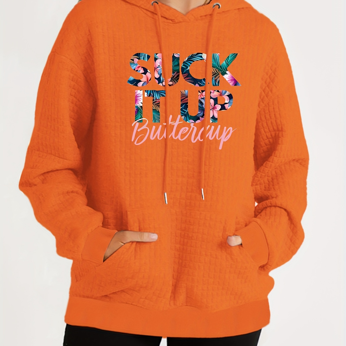 

Plus Size Suck It Up Print Hoodie, Casual Long Sleeve Pocket Drawstring Hoodies, Women's Plus Size clothing