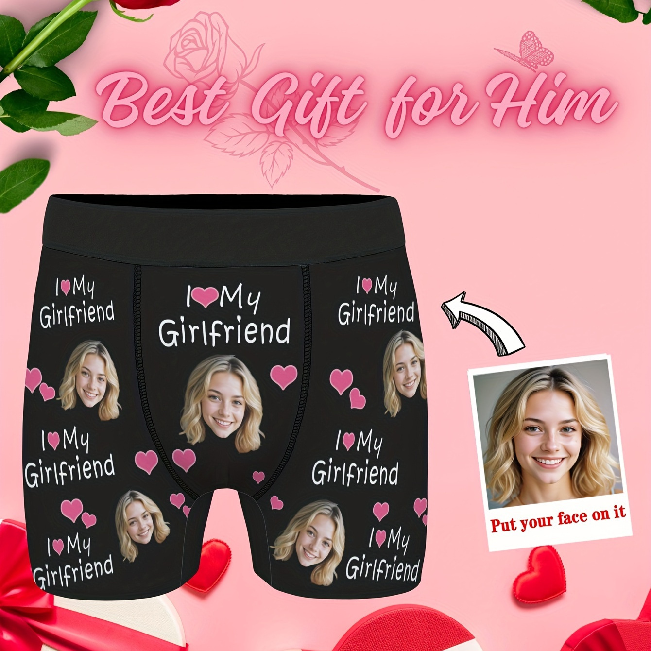 

I Love My Girlfriend & Customized Personalized Headshot Photo Pattern Men's Underwear, Casual Boxer Shorts, Breathable Comfy Stretchy Boxer As Holiday Valentines Gifs For Husband Boyfriend