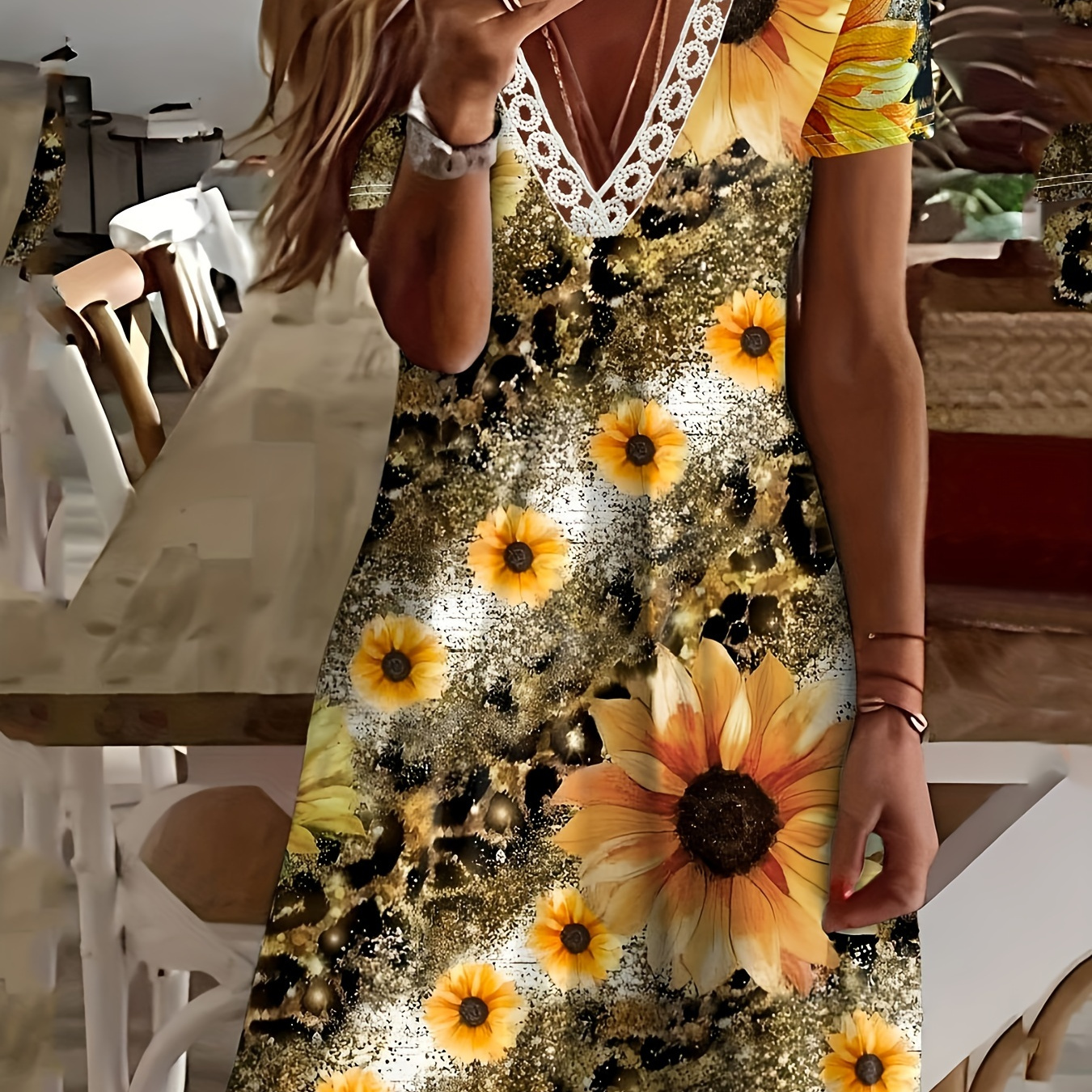 

Sunflower Print V Neck Dress, Vacation Style Short Sleeve Loose Dress For Spring & Summer, Women's Clothing