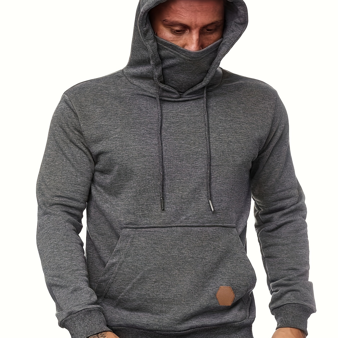 

Cool Hoodies With Mask For Men, Men's Casual Solid Pullover Hooded Sweatshirt With Kangaroo Pocket Streetwear For Winter Fall, As Gifts