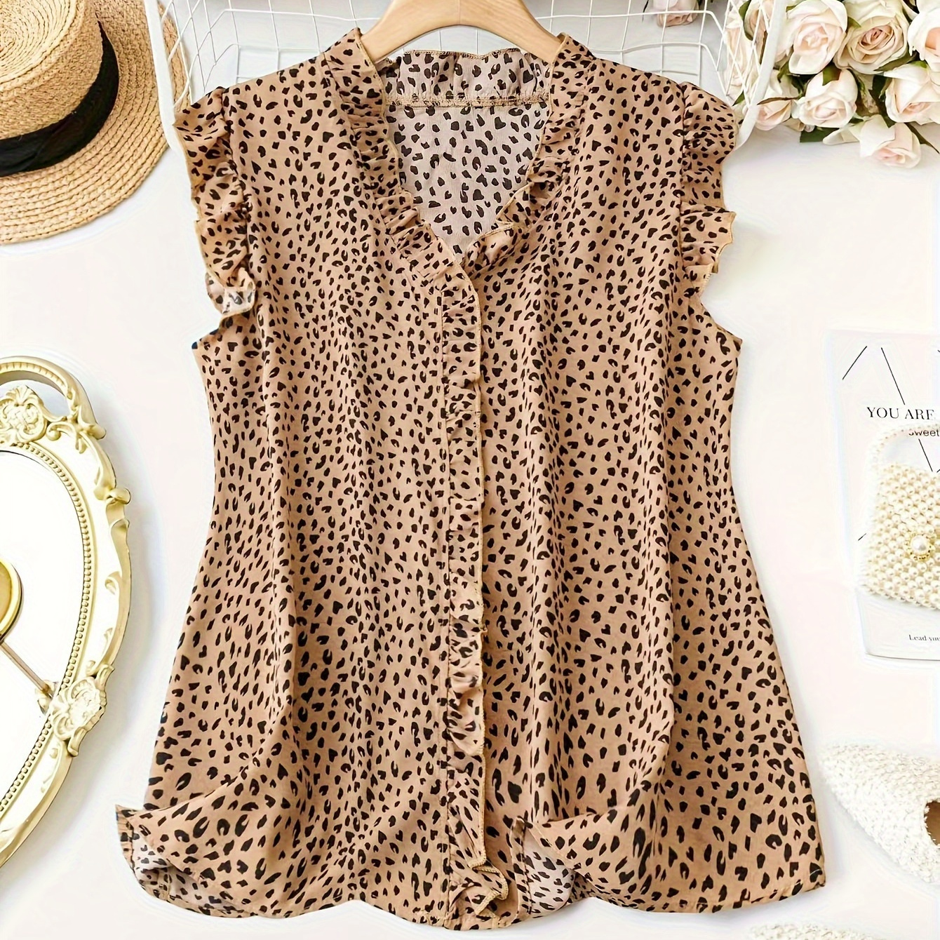 

Plus Size Leopard Print Blouse, Elegant V Neck Ruffle Sleeve Blouse For Summer, Women's Plus Size clothing