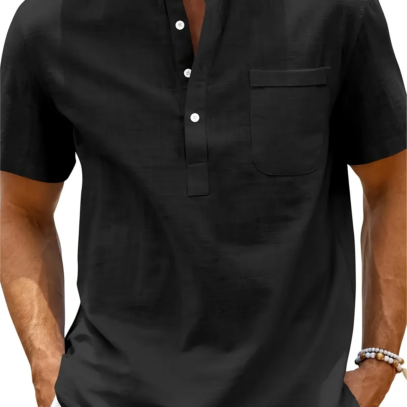 

Plus Size Men's Solid Color Button Top, Casual Short Sleeve Henley Shirt, Men's Clothes For Summer Outdoor