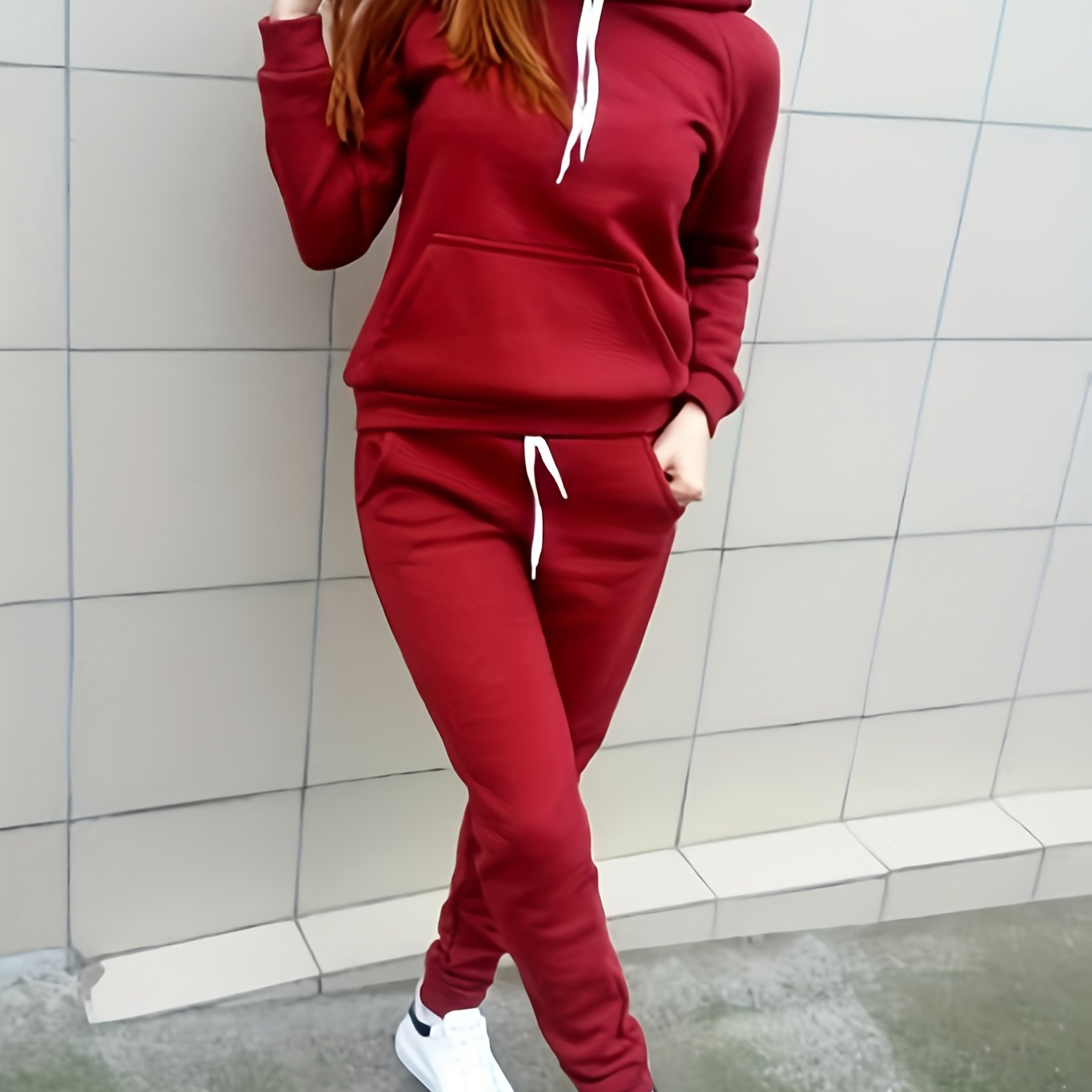 

Casual Solid Two-piece Set, Kangaroo Pocket Hoodie & Drawstring Pants Outfits, Women's Clothing