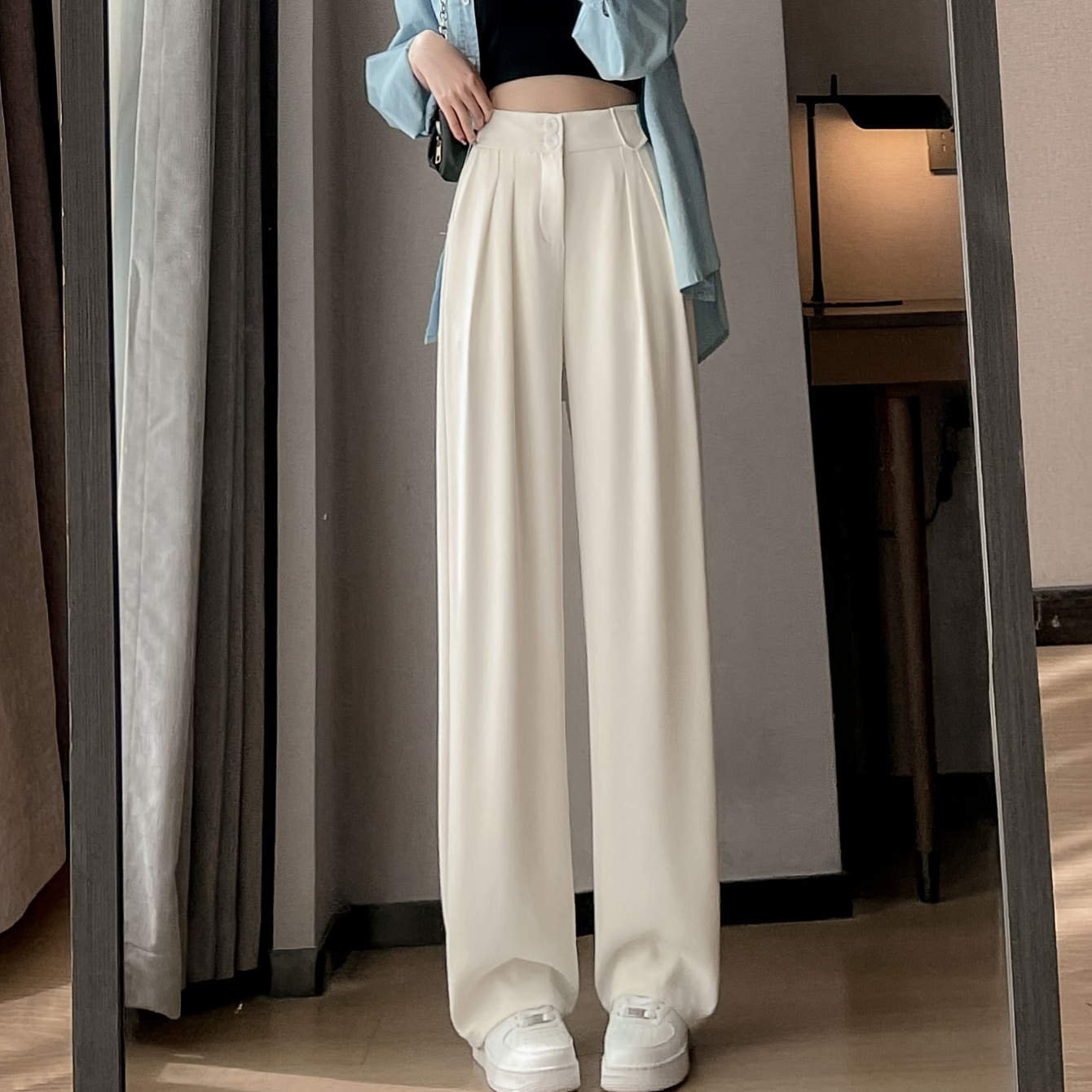 

Solid Color High Waist Pants, Casual Straight Leg Pants For Spring & Fall, Women's Clothing
