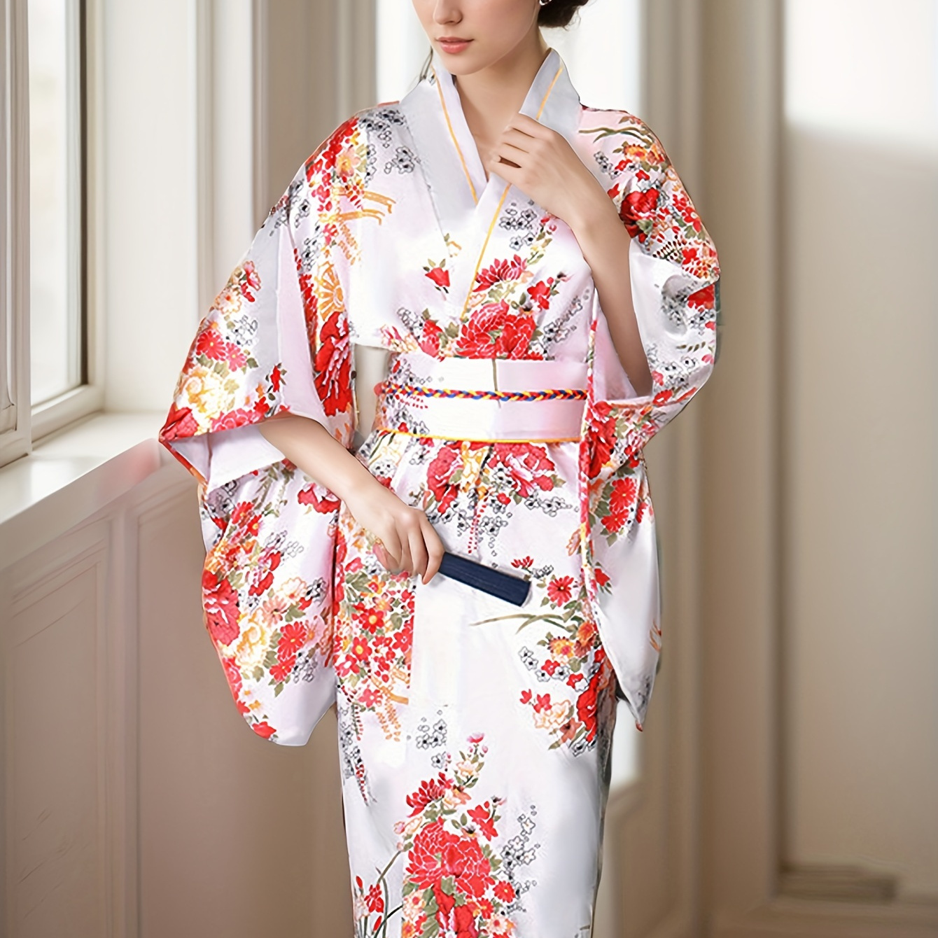 

Floral Print Surplice Neck Kimono, Elegant Batwing Sleeve Slim Fit Kimono, Women's Clothing