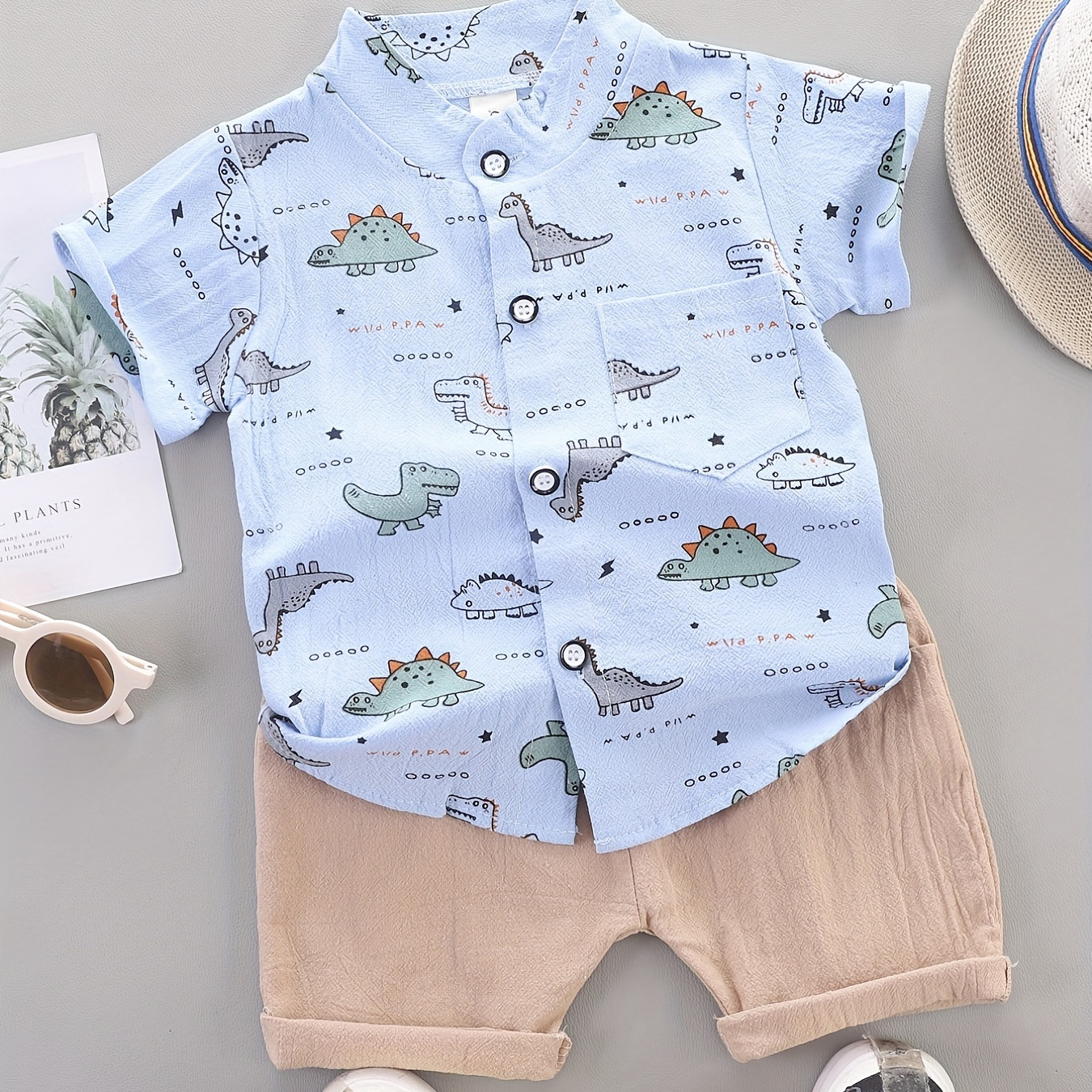 

Adorable Dinosaur Outfit For Your Little Boy - 2pcs Baby Infant Boys Shirt & Shorts Set!