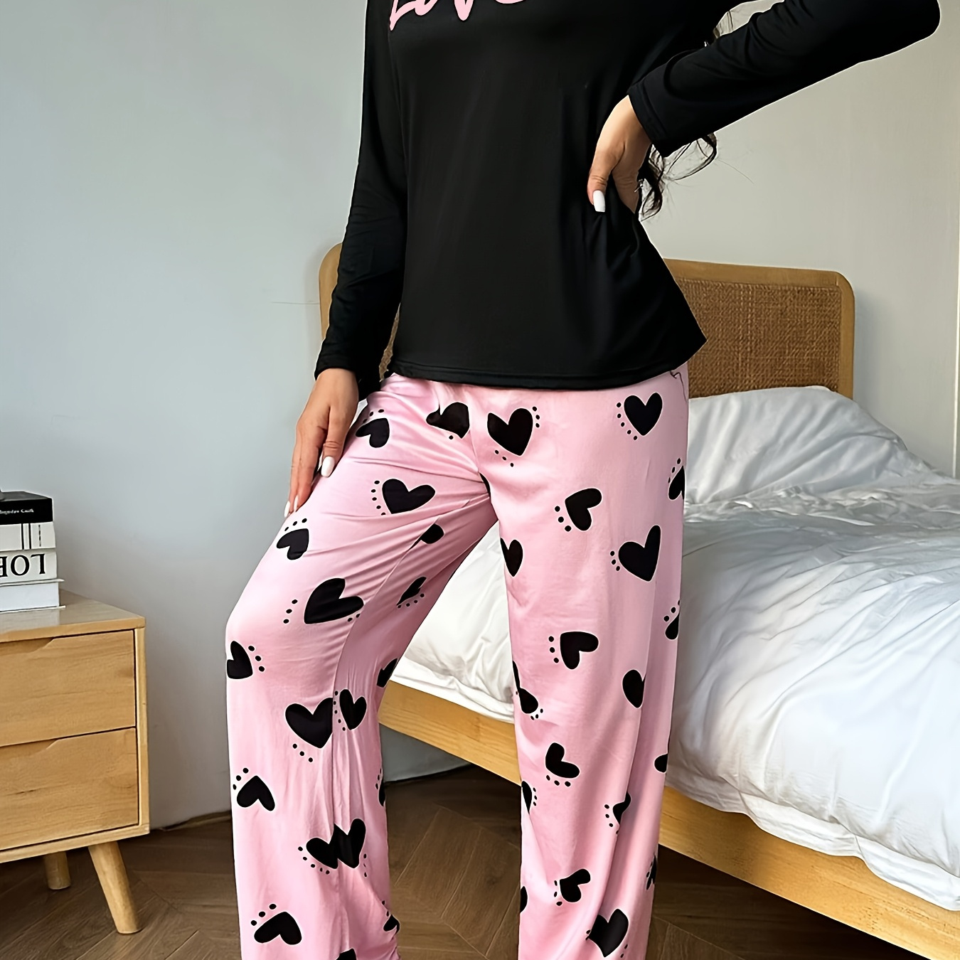 

1 Set Women's Set, Polyester Long Sleeve Top Bow And Pattern Pants, For Adults
